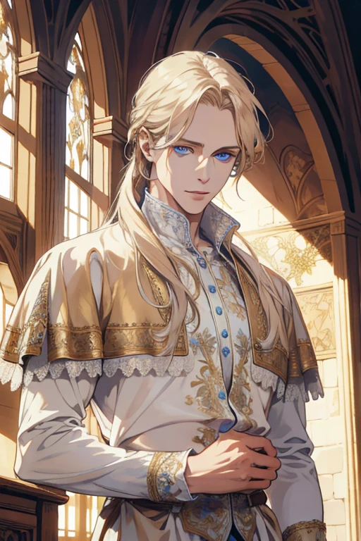1 man, Realistic, master-piece, bestquality, Beautiful, detailed eyes and detailed faces.,natural light, Medieval Fantasy, European retro, White shirt, lace, Long dark golden hair, blue eyes, attractive, depressed, Decorative flowers, sunbeam