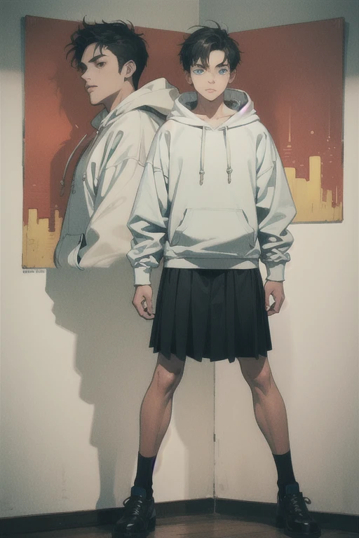 Chiseled features, blue eyes, black hair, thin, masculine, 1 male, teenager, hoodie, short peated skirt, full body, pretty, hyper detailed, masterpeice. illustrated
