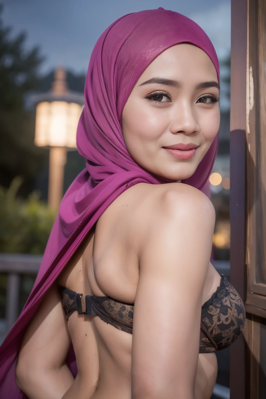 ((Lace)), (Happy smile), (((HIJAB MALAY GIRL))), masutepiece, High quality, UHD 32K, Realistic face, Realistic skin feeling , A Japanese Lady, 58 years old matured lady, , Very cute and baby-like face, (((FLAT CHEST))), (Night time at forest), ((look In front at the camera and SADNESS)), (((BROWN FLUORESCENT))), (((CUTE GIRL))), ((BROWN FLUORESCENT LIPS)), ((Floral Pattern)) little wearing strapless bra, strapless colorful bra, dark night background , black forest night, horror scary place, (huge saggy breast), ((HEAVY HUGE BREASTS)), (from behind up) seductive pose