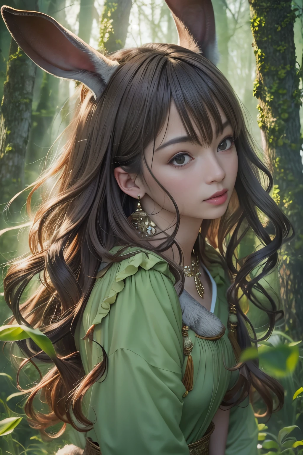 (masterpiece, best quality:1.2), (8k uhd, 16k, 32k, ultra high res), (photorealistic:1.37), (RAW photo), ultimate-realistic, ultimate-realistic details, ultimate-realistic texture, ultimate-intricate details, ultimate-realistic lighting, ultimate-realistic shadow, japanese girl, ultimate-cute face, ultimate-RAW skin, ultimate-realistic eyes, (rabbit beast woman), strong animal feeling, full body shot, Standing frightened in a mystical forest
