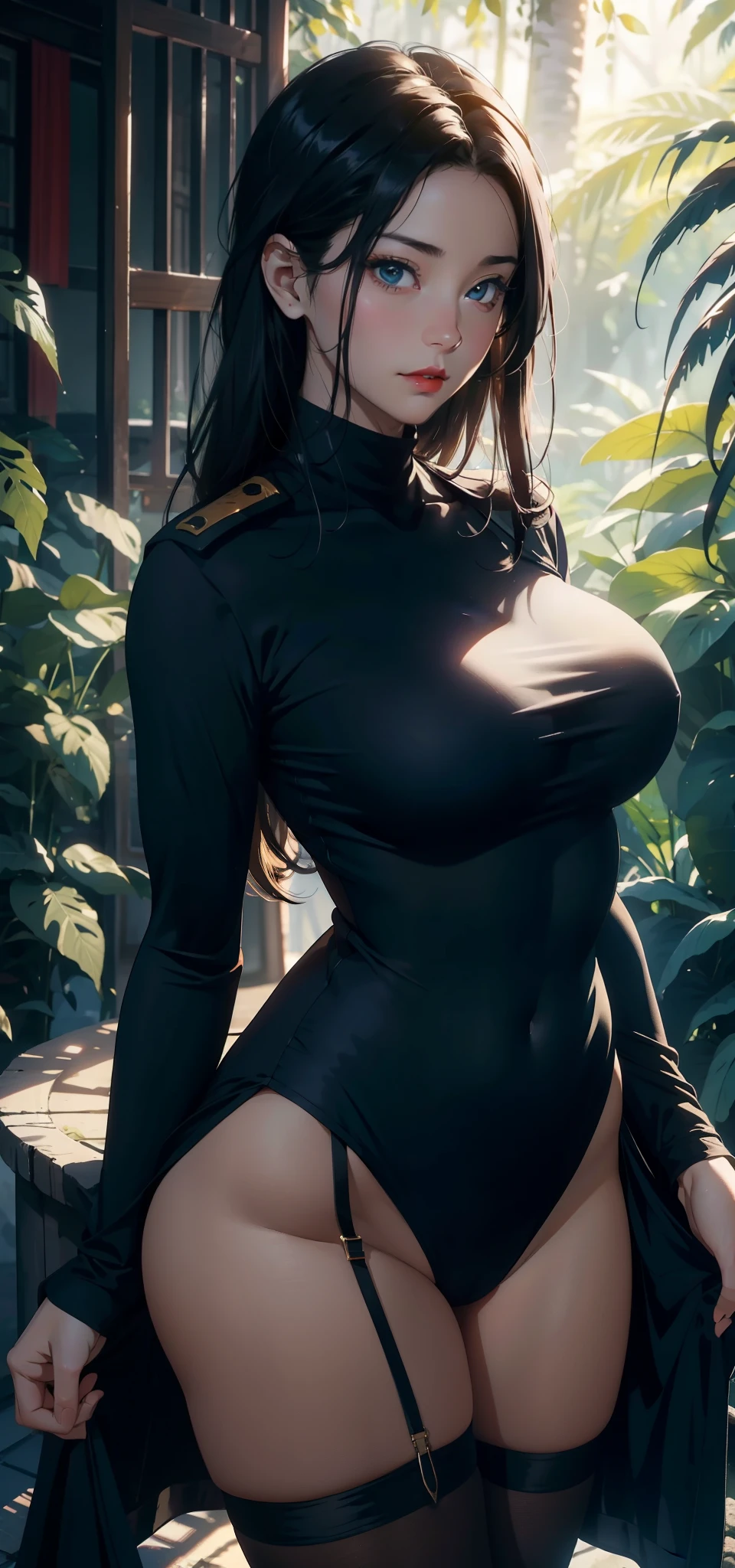1 female,45 years old,Married women,short hair,Big breasts and thin waist, 照片曝Light, (background:,Rainforest,The plants are dense) Black Hair,Red lips,Standing outdoors in the forest,Front view, Long hair,Straight Hair, (((masterpiece),(Highly detailed CG Unity 8k wallpaper),best quality,Light,详细background,beautiful eyes,(Very delicate and beautiful),(Beautiful and detailed description of the eyes),Ultra Detailed,masterpiece,)),Facing the camera,high resolution,Ultra Detailed),nude,The exposed chest is a bit fat, Camel toe,Soldier,Soviet Navy,(wear:Blue Sheer Turtleneck,nude,Tights,Green army coat,Epaulettes)