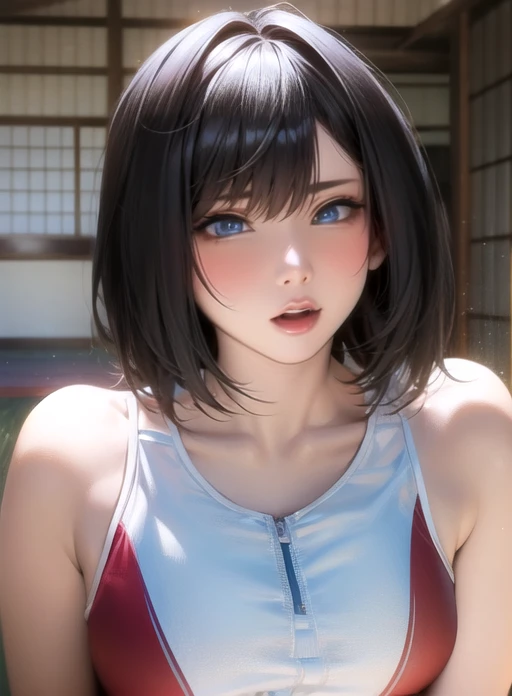 masterpiece、highest quality、8K quality、Realistic expression、Ultra-realistic、Realistic depiction、16 year old Japanese woman、beautiful、Black hair straight、Short Bob Hair、Wearing competitive swimwear、Anatomically accurate body depiction