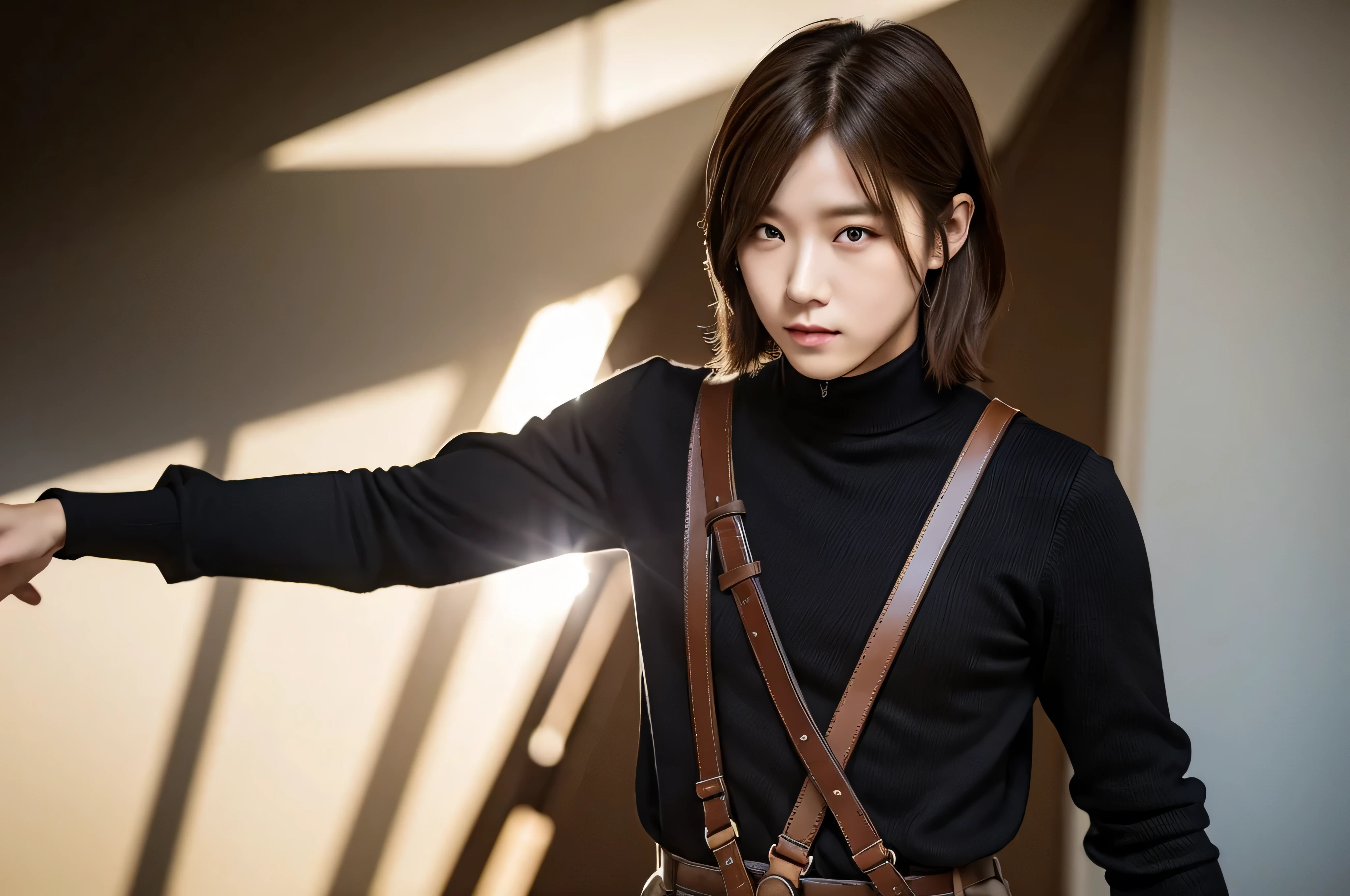 masterpiece, flat-colors, depth of fields, lens flare 1 man, Brown hair, watching at viewers a belt black suspenders, Side of both hands walls: Black pants, Black jacket holster Leg holster arma Gaze Small face bangss