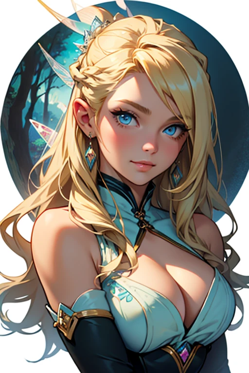 ((best quality)), ((masterpiece)), ((detailed)) woman, long blonde hair, bright blue eyes, soft smile, kind, pretty, curvy, pixie, fairy