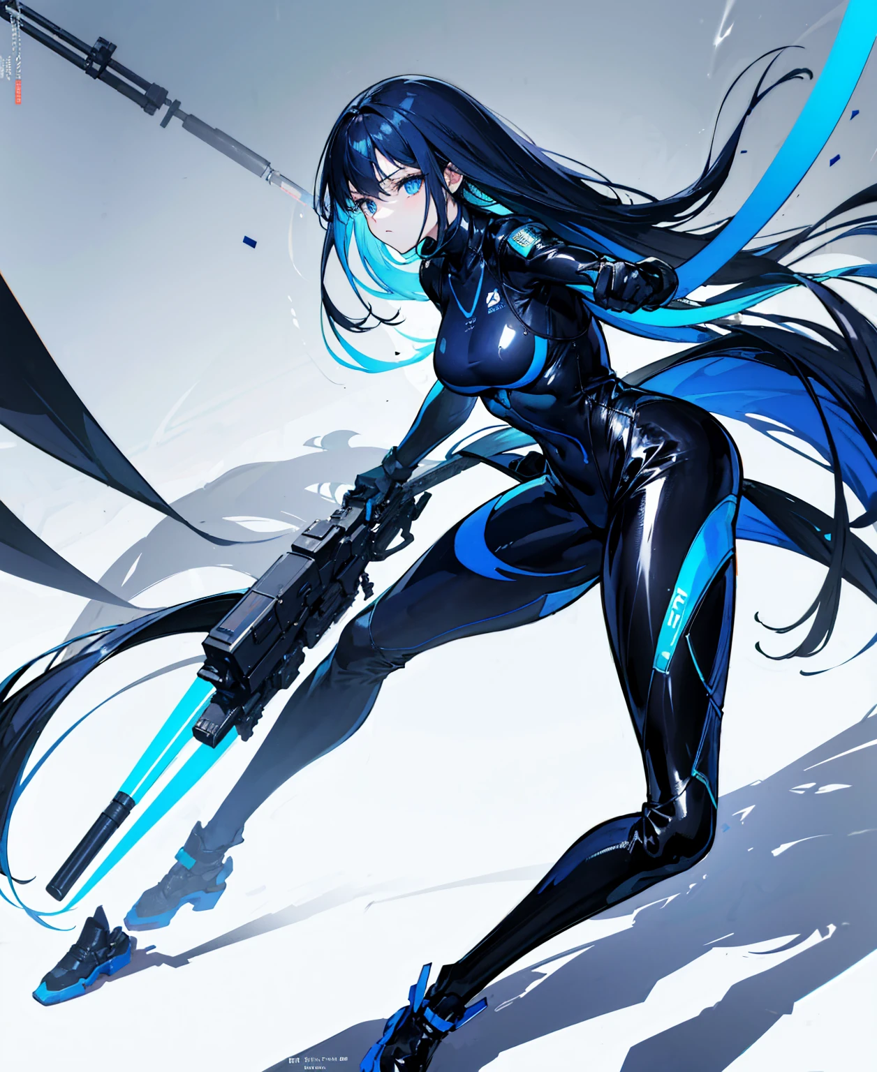 There is no background,girl,Carry a firearm,Patent leather tight suit,Use of firearms,Navy blue long hair,attention arousal,Blue colored eyes,No gradients