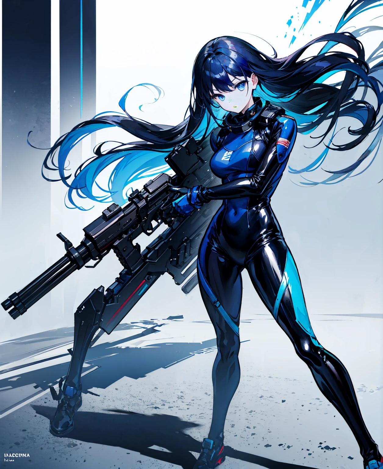 There is no background,girl,Carry a firearm,Patent leather tight suit,Use of firearms,Navy blue long hair,attention arousal,Blue colored eyes,No gradients