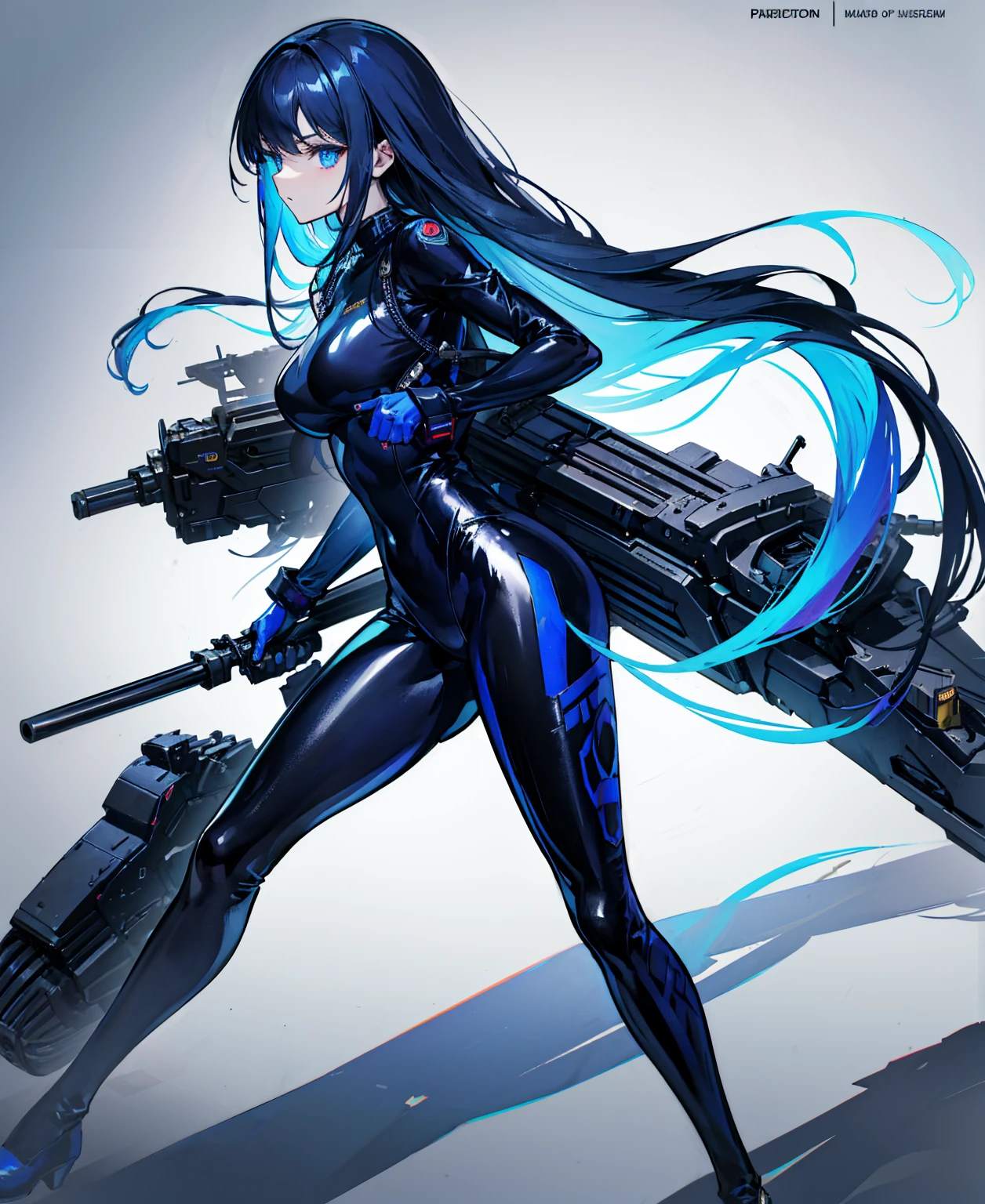 There is no background,girl,Carry a firearm,Patent leather tight suit,Use of firearms,Navy blue long hair,attention arousal,Blue colored eyes,No gradients