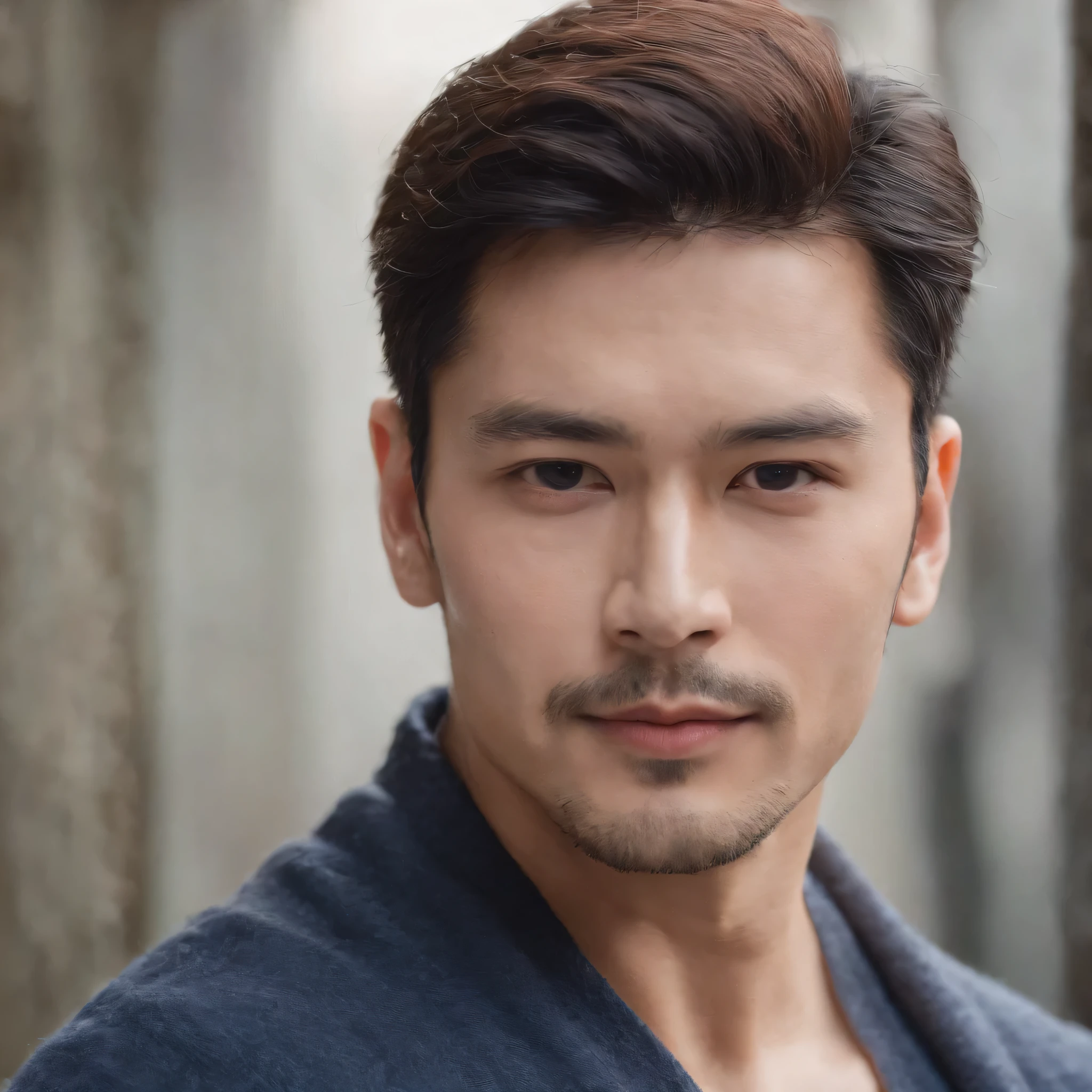 Handsome gay men, Masculine, Muscular, short hair man 30 years old male, Look straight ahead, looking at the camera,  Famous actors of the Japan, Masculine look,Face close-up、Dark blue beard、Lying on your back in bed、ベッドにLying on your back、Lying on your back