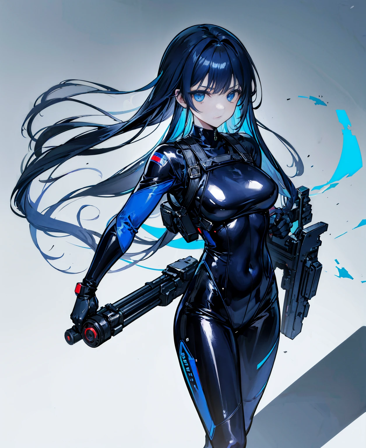 There is no background，girl，Carry a firearm，Patent leather tight suit，Use of firearms，Navy blue long hair，attention arousal，Blue colored eyes,No gradients