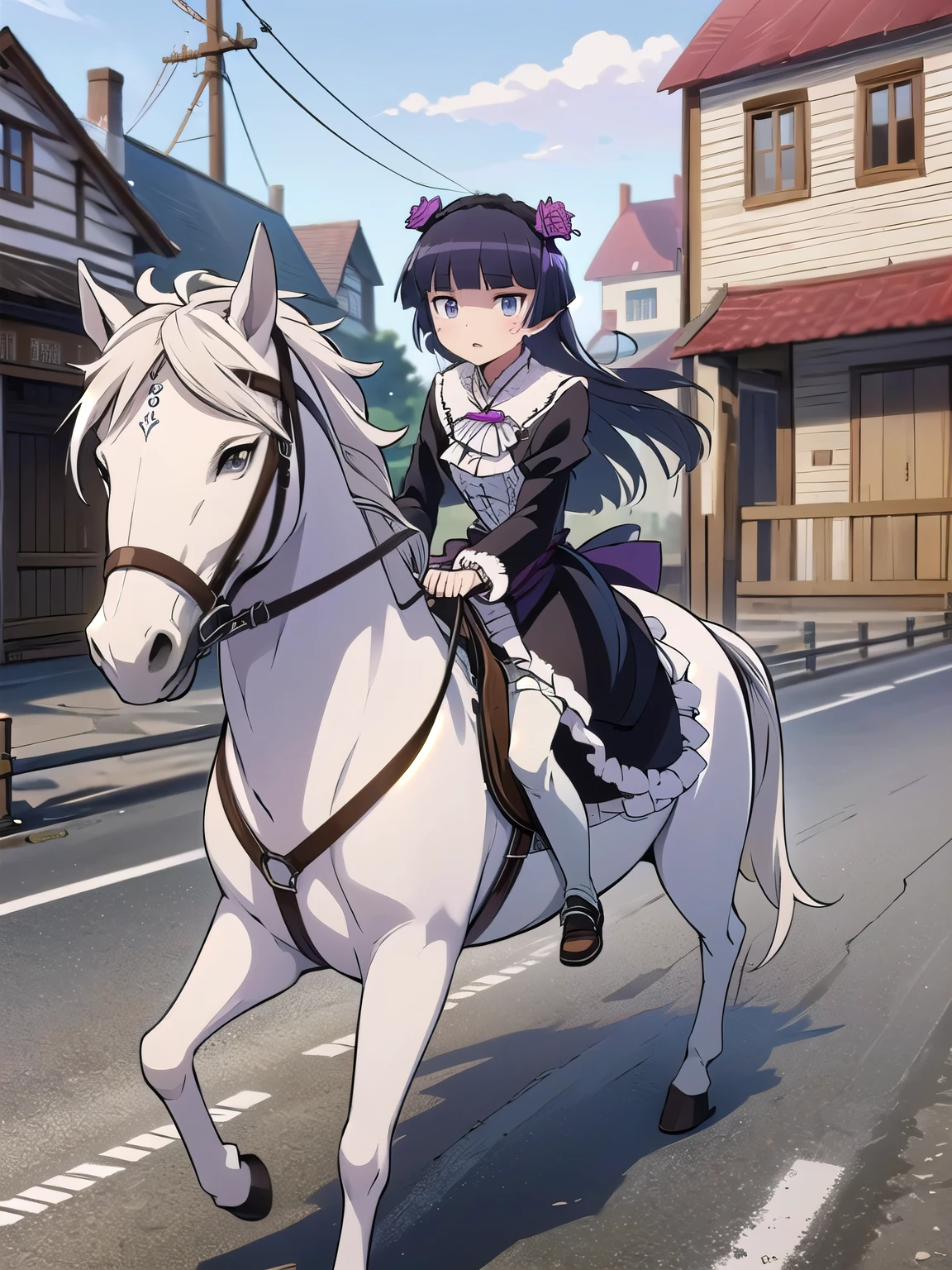 (ruri gokou), Anime screenshots, masterpiece,  Nice hands, highest quality,  One girl,  alone, Flat Chest, Hime cut, (Black Costume), Gothic ****ta, ****ta Fashion, head band, white horse,riding,horseback riding,horse,Noble horse,(((Breeding up,Pulling the reins,Breeding,riding on white horse,Remains,Cracked roads, Ruined town))),