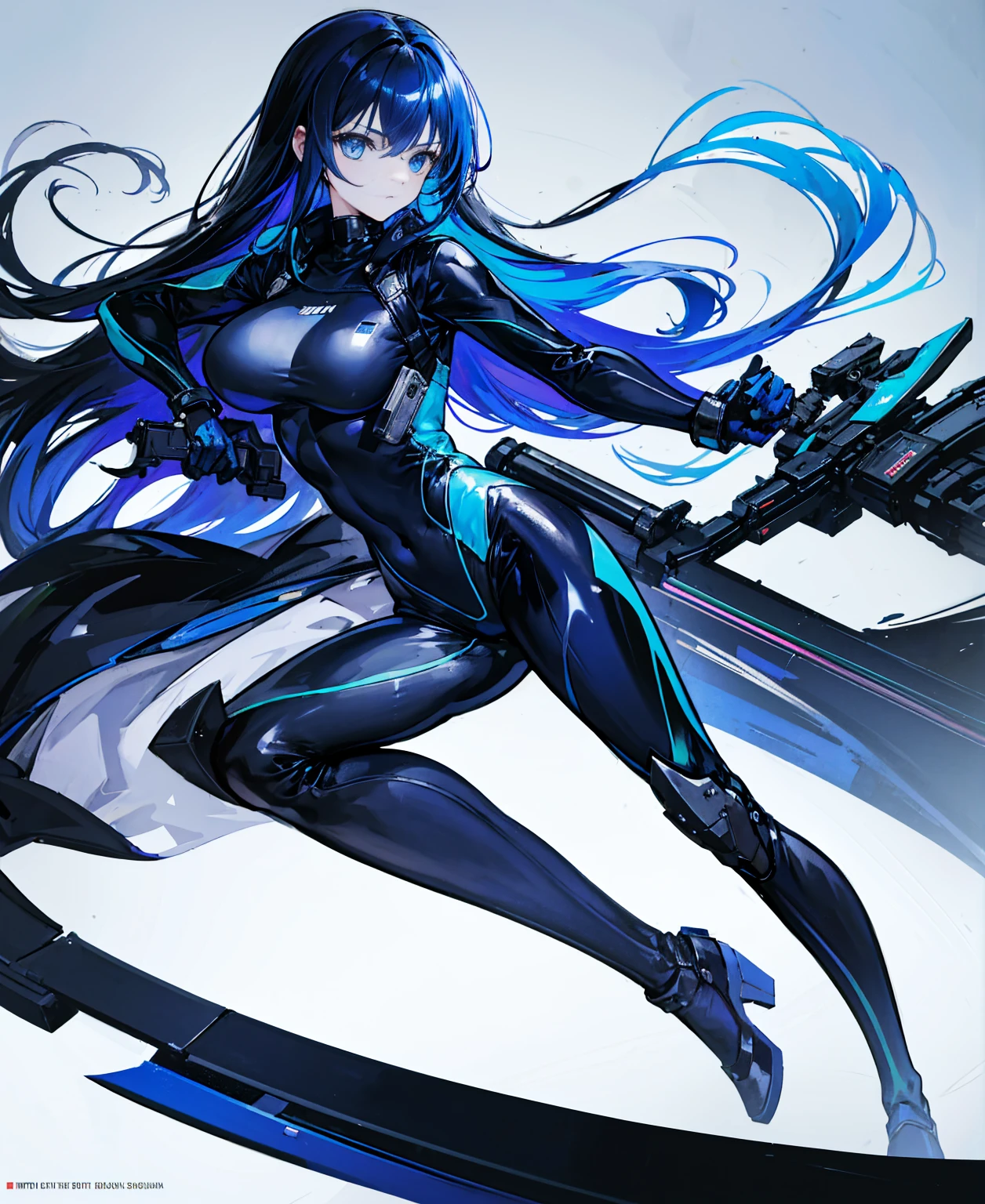 There is no background,girl,Carry a firearm,Patent leather tight suit,Use of firearms,Navy blue long hair,attention arousal,Blue colored eyes,No gradients