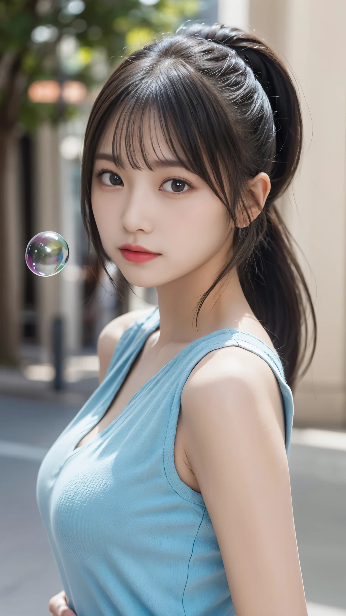 (masterpiece), (highest quality), (Super detailed),(Dish-shaped hair),(figure), (One girl), (Fashionable clothes), Are standing, Fashion Model, View your viewers, (interview), (Simple Background), Beautiful fine details, delicate beauty, floating, (High saturation), (Colorful Splash), Colorful bubbles, (Shine), Focus on the face, ponytail, Ayaka Kamisato, Light blue hair, bangs, Scrunchie, floating flowers, Flowing Hair, (Shiny), Best lighting, Best Shadow, Perfect hands