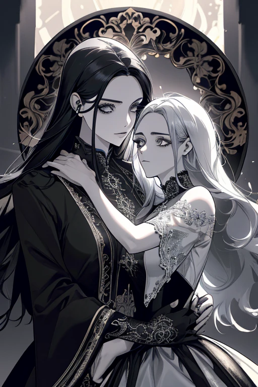 ((Best quality)), ((masterpiece)), (detailed), perfect face in the arms of a very handsome young man, majestic, courageous, sports, attractive male demon with long straight platinum hair, tanned skin, gray burning eyes, dressed in black royal robes, with a silver crown on his head, with big black wings, growing behind my back, there is an incredibly beautiful young delicate fragile woman in a flowing white translucent dress in the Greek style, she has blue eyes, Long golden hair, elegant golden tiara, beautiful slim female body, which is visible through the fabric of her dress, beautiful neat small female breasts with pointed nipples, small pink halos. they are in love with each other, he hugs her tenderly. full length image. realistic image, full length image. careful drawing of the anatomical accuracy of the body, gentle face type, excessive detail of the female body. masterpiece, perfect drawing, realistic drawing, Full-length drawing, 8k. full length image, realistic image, detailed image. extremely detailed illustration, настоящий masterpiece, highest quality, with careful drawing. shading with shadows. careful depiction of the anatomical accuracy of the female body, attractive face type and excessive detailing of the female body.