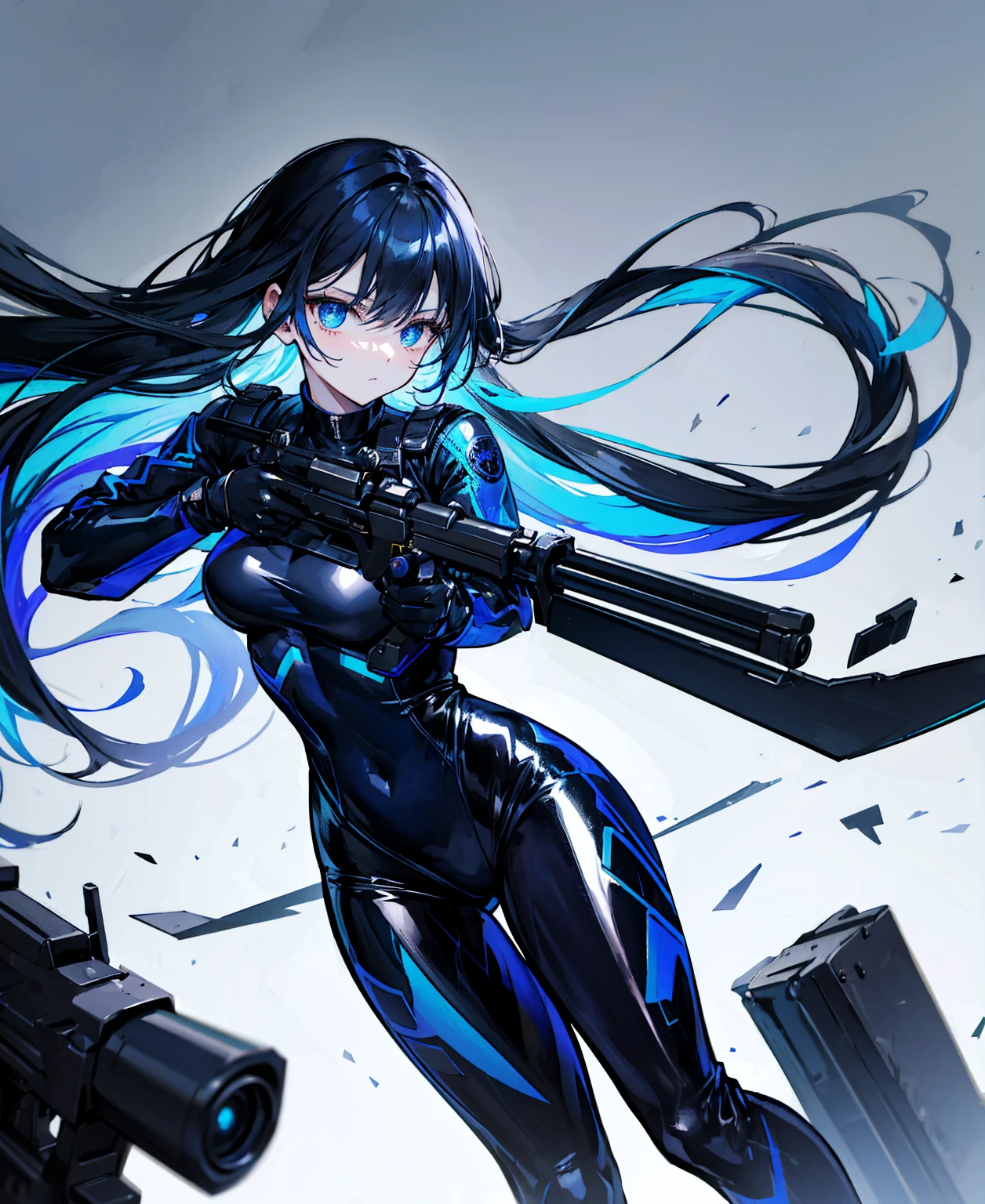 There is no background,girl,Carry a firearm,Patent leather tight suit,Use of firearms,Navy blue long hair,attention arousal,Blue colored eyes,No gradients