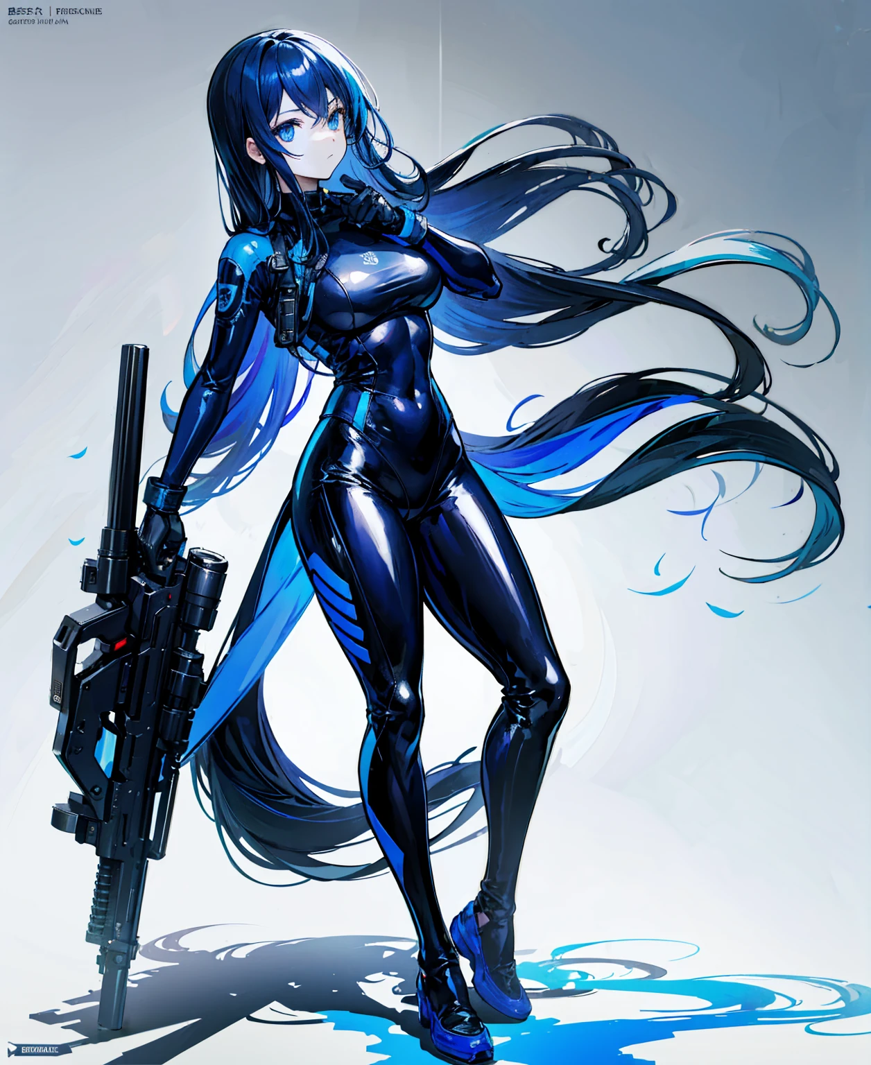 There is no background,girl,Carry a firearm,Patent leather tight suit,Use of firearms,Navy blue long hair,attention arousal,Blue colored eyes,No gradients