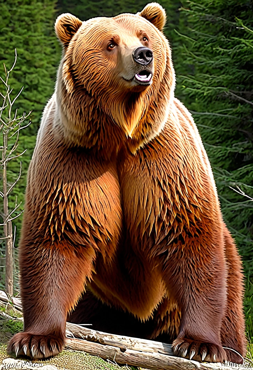 Génere moi l'image d'un grizzly qui soit réaliste, de corpulence mince, orange-brown color, avec des yeux humains de grandes tailles à la place de ces yeux d'ours. Make him look like Kenai from the movie Brother Bear