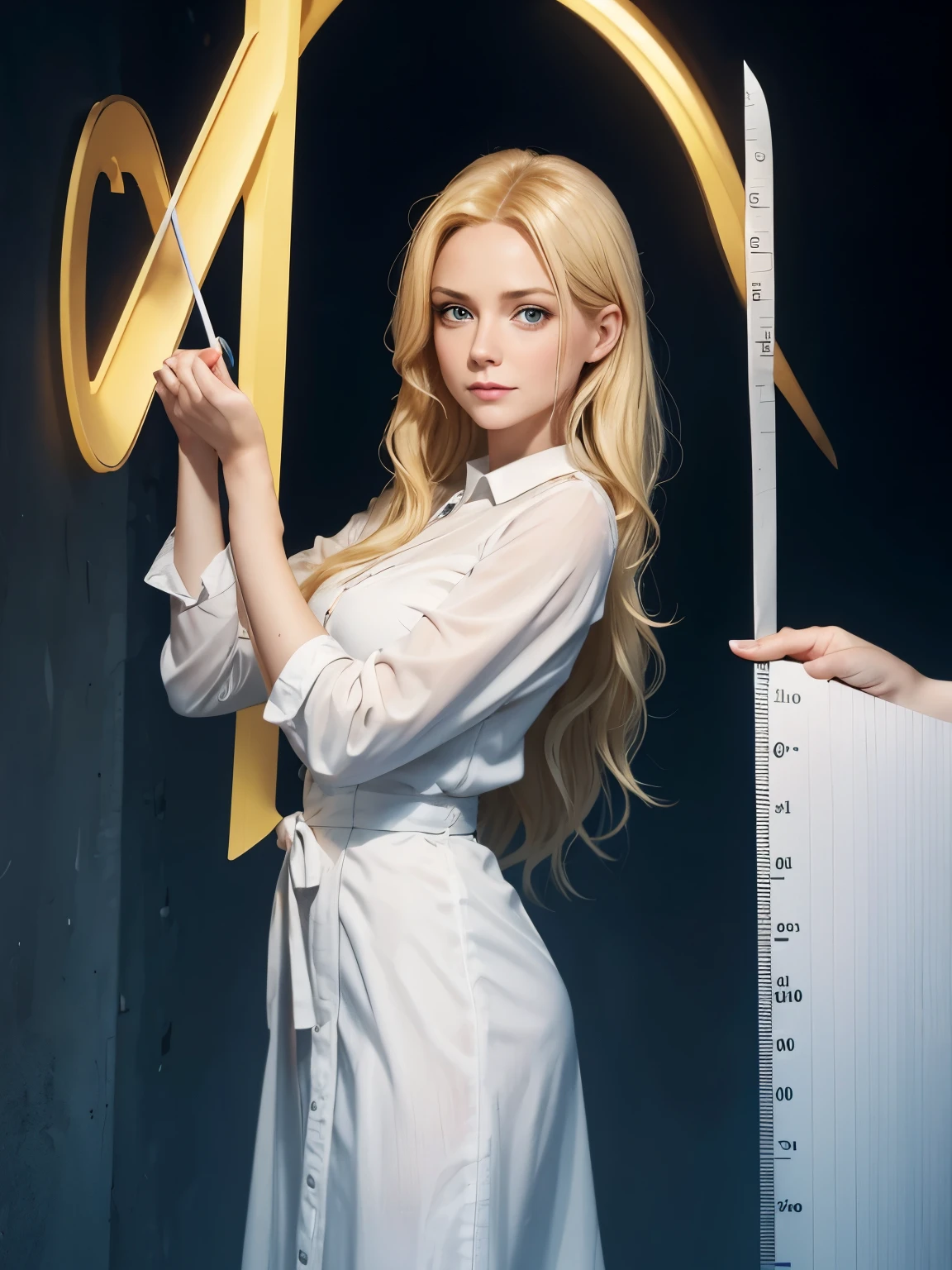 pixar art, high definition, a woman teacher, long blonde hair, wet long white fabrics, while holding a ruler, teasing eye,