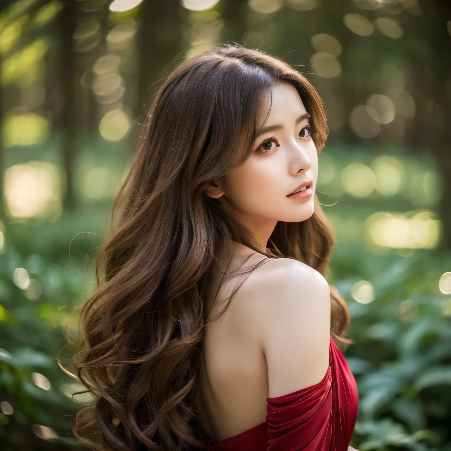 in woods、forest fae、masterpiece、top-quality、solo、(paler:1.04)、(Curta:1.15)And(Curvaceous)femele(flawless skin:1.11)And(teats:1.1)、full body Esbian、Beautiful standing figure、high angle and(Red dress)、((Near and far law:0.6)Green dress)、(face perfect:1.1)with an intricate(high detal:1.1)Body、covering the navel、hiding breast、covers、eyes up、s lips、wings grow on the back,、Gorgeous brown long wavy hair、photographed by lee jeffries nikon d850 film stock photograph 4 kodak portra 400 camera f1.6 lenses Rich colors Ultra-realistic textures Dramatic lighting Art Station Cinestar 800 Unreal Engine Trends