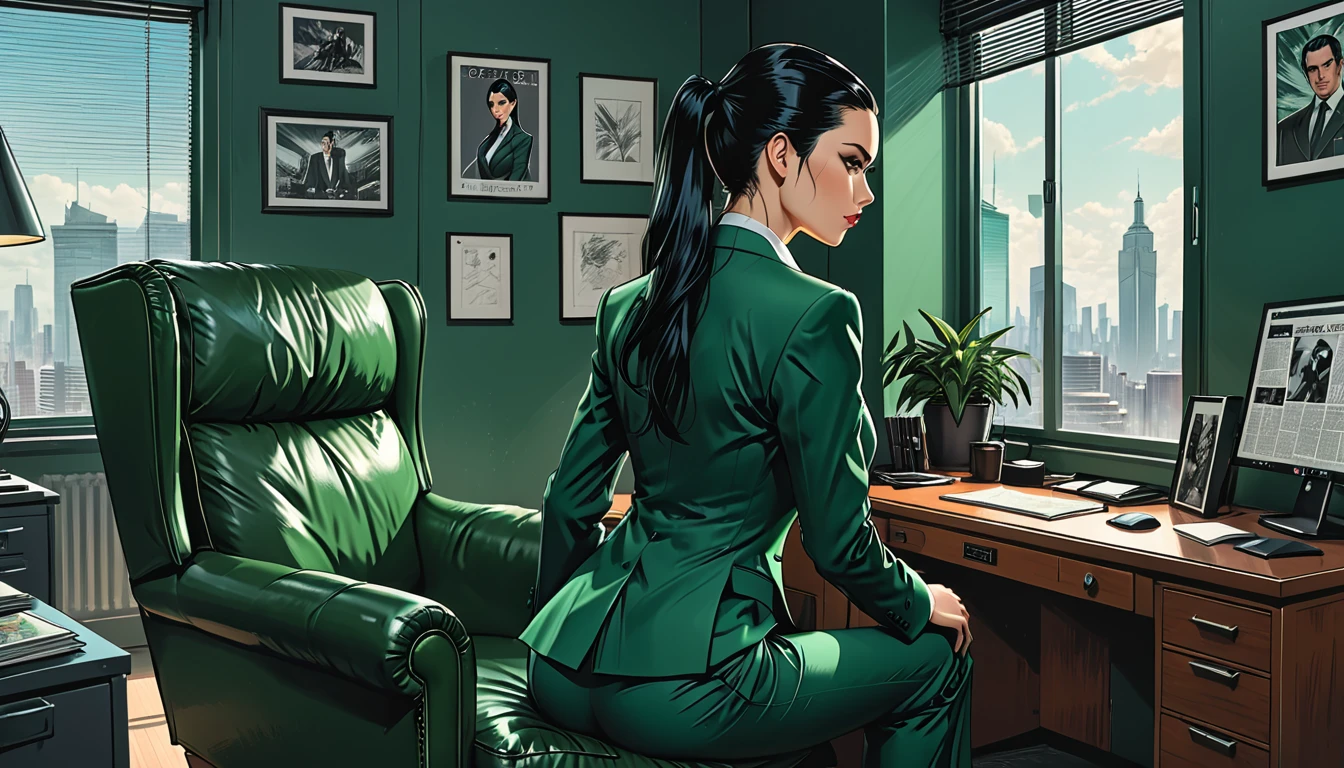 (Rear view), One Point Perspective, (low point shoot), a 1girl with Long Sleek Straight Ponytail Slicked back black Hair in a classic dark green suit sits in a chair in a dark green office overlooking the sofa, graphic style of novel comics, perfect hands, 2d,
8k, hyperrealism, masterpiece, high resolution, best quality, ultra-detailed, super realistic, Hyperrealistic art, high-quality, ultra high res, highest detailed, lot of details, Extremely high-resolution details, incredibly lifelike, colourful, soft cinematic light,