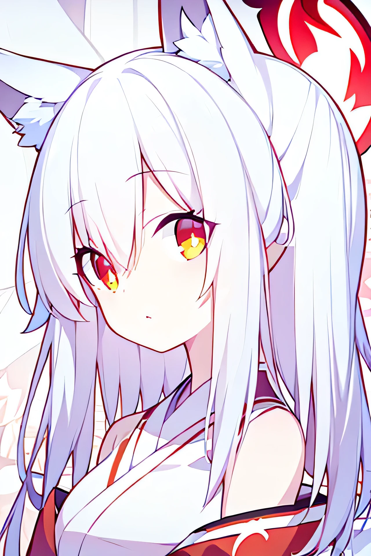 {high quality}, One girl, {White Hair}, {Bright orange eyes}, {Lady}, {white and red kimono}, White fox ears,