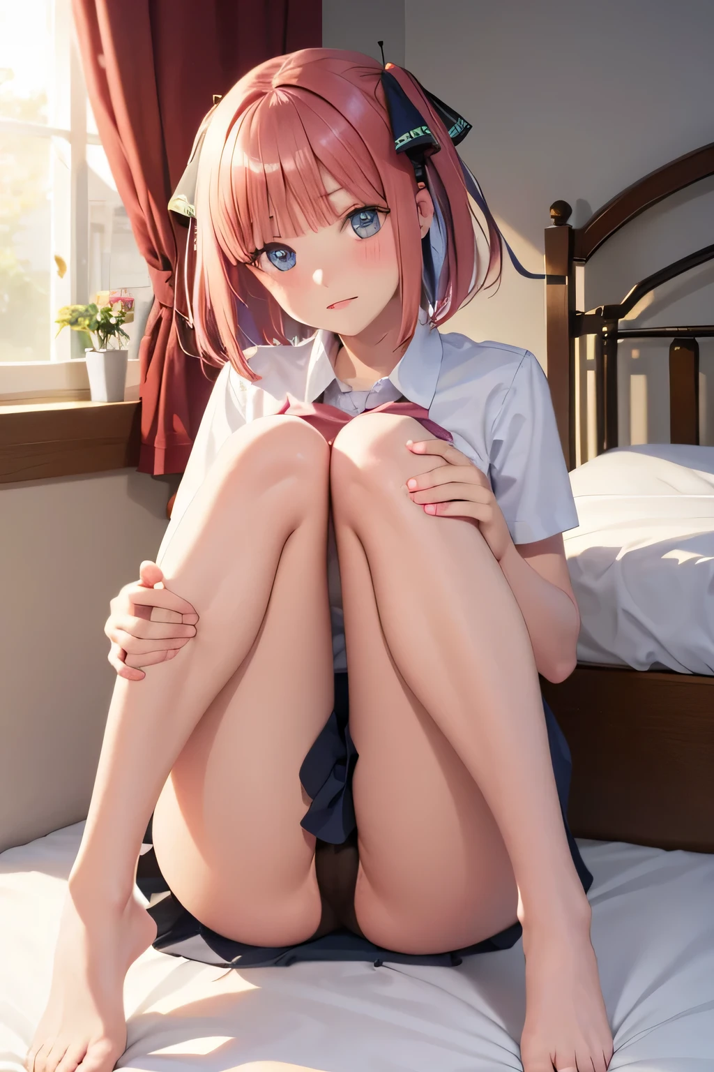 Mastepiece,masterpiece,highest quality,Super detailed,High resolution,8K Portrait,High definition CG of Unity 8k wallpaper,Cute,little:1.5,Loli:1.5,Highly detailed CG Unity 8k wallpaper,Realistic,Real person, Portrait Photography,Shiny skin,High definition、(16 years old:1.2),(1 girl),Beautiful clear eyes,extremely detailed description,Delicate face,Nice lips,Slim body,thin waist,Thin legs、(bed room:1.6),(blush:1.5),(Pink hair bob:1.3),(large breasts:1.3),(school uniform:1.2),(bottomless:1.3),((M-shaped spread legs:1.3)),((knees up:1.5)),(spread legs:1.5))