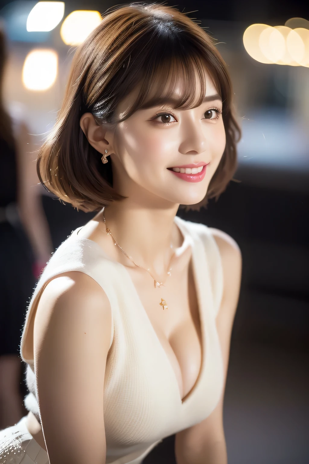 Skinny Japanese woman, 30th Generation, One girl,
(Wearing a sleeveless, glittery, see-through evening dress:1.2),
((Short skirt:1.5)),((Pay attention to the thighs visible through the skirt:1.5)),
(RAW Photos, highest quality), (Realistic, photo-Realistic:1.4), masterpiece, Very delicate and beautiful, Very detailed, 2k wallpaper, wonderful, In detail, Very detailedな, High resolution, Soft Light, Beautiful detailed girl, Very detailed eyes and face, Beautifully detailed nose, Beautiful fine details,Cinema Lighting,((City lights at night)),Perfect Anatomy,smile,
Ultra-detailed eyes, Slit eyes, Brown eyes, double eyelid, Ultra-thin eyebrows, Thin, long eyelashes, Watery eye,
Ultra-detailed lips, Plump and moisturized lips, glossy pink lips, Flushed Cheeks, ((White beautiful teeth)),
Beautiful actress's ennui makeup, Moisturizing lipstick with vibrant color,
Dark Brown Hair, Delicate soft hair, Hair blowing in the wind,
(Put your hair up, Medium Short Hair, ponytail:1.2),
Layered Cut, (Blunt bangs:1.2),
cute smile, Open your mouth a little, A dreamy look, ((Staring at the viewer)),
(((Photorealism))),((The body faces the viewer)),
Dynamic Lighting,
Beautiful fashion accessories(((High Detail,High detail,masterpiece,Simple and elegant ornaments,necklace,bracelet, ring, Earrings,))),
Beautiful Women's Mode Fashion,Very stylish and beautiful fashion,Summer Fashion,
((Raise your face slightly)),
((Squinting)),
((pursing lips:1.2)),
((Blushing)),
((The cleavage between her breasts is fluffy)),
((Flat Chest)),