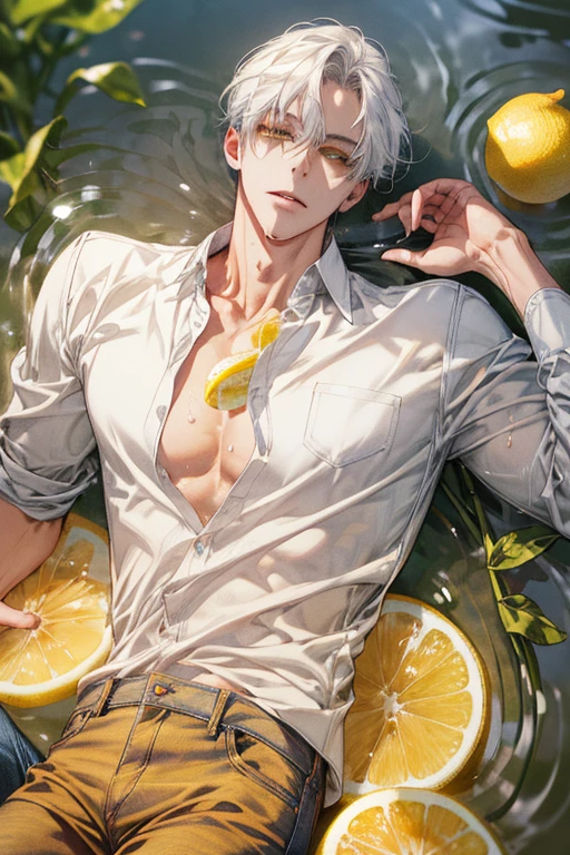 (absurdres, highres, ultra detailed), 1 male, handsome, tall muscular guy, mature, (The lemonade pond is filled with lemon slices),  (A man lying on back comfortably in it), from directly above, (white shirt, jeans), wet, colorful, artistic, depth of field, focus on his face,calm facial features, lemon slices around face