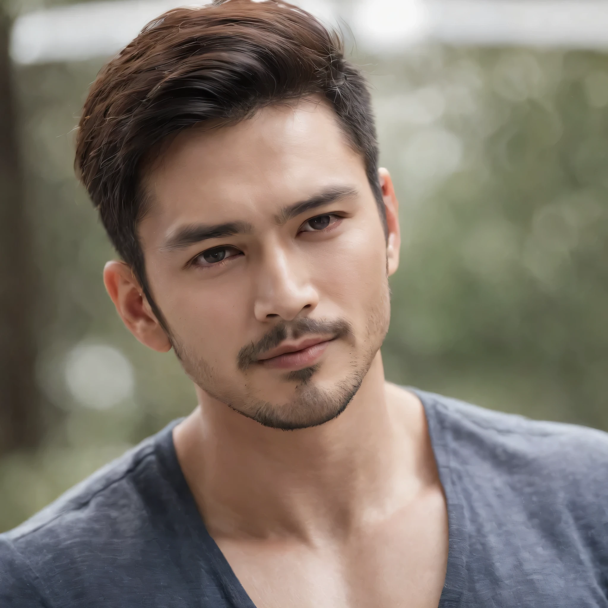 Handsome gay men, Masculine, Muscular, short hair man 30 years old male, Look straight ahead, looking at the camera, Dark beard, Famous actors of the Japan, Masculine look,Face close-up、Dark blue beard、Lying on your back in bed、ベッドにLying on your back、Lying on your back