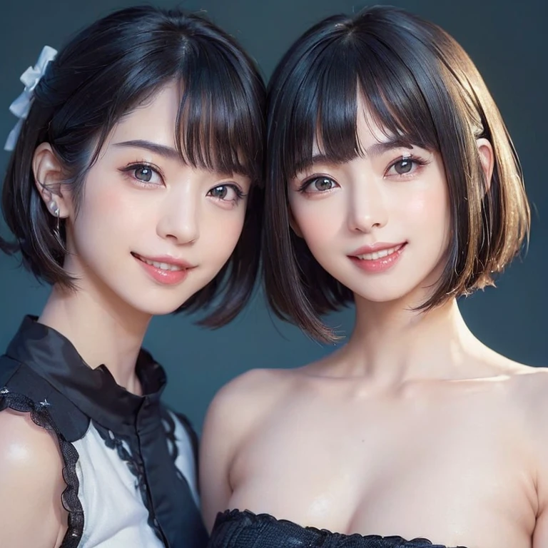 (masterpiece, highest quality、software:1.8), ((1 female:1.6, Solo)), Realistic, Realistic, Looking at the audience, lips, bangs, Mouth closed,happy smile、 Upper Body、Big eyes、eyelash、((very simple dark blue background:2、Beautiful face in symmetry))、(((short hair with bangs、Big eyes、big and full breasts、Looking at the audience、Beautiful beauty、smile、please close your mouth and smile)))、Ideal body type