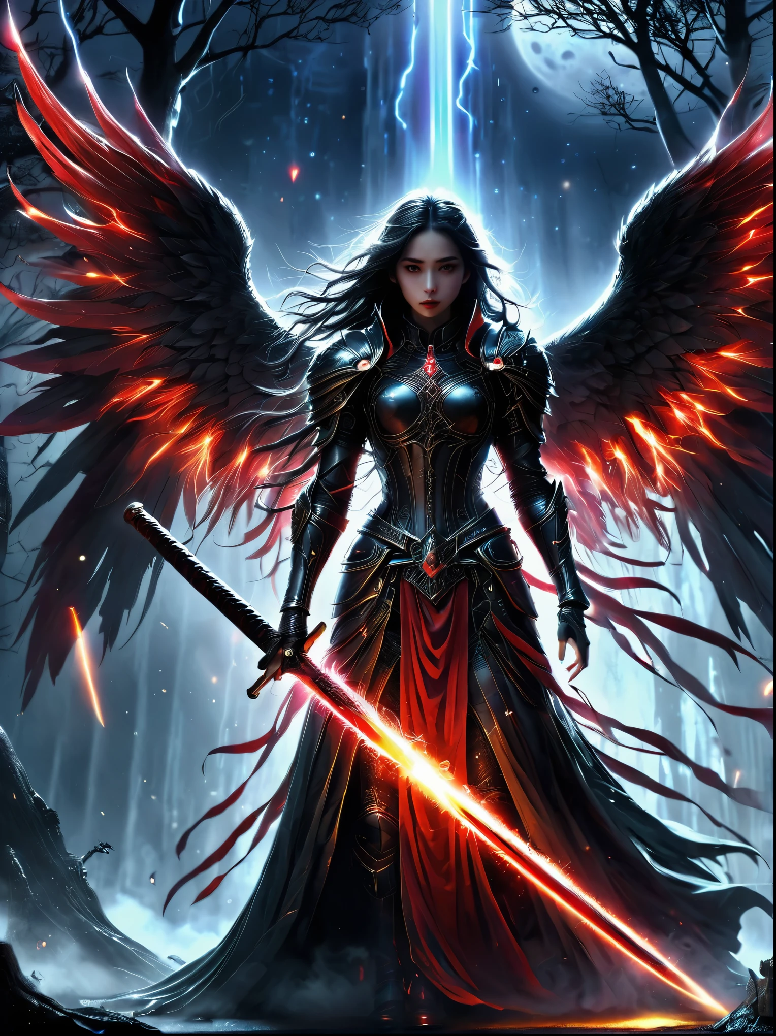 (masterpiece, best quality:1.2), Space Fallen Angel, Luminescence的眼睛, Cloak，hood，Holding a red long sword，moonlight，heavily clouded， Dark fantasy illustration style , dark arts, High contrast, Dark Shadows, atmospheric perspective, Melancholic colors, Thin Film Component, Volumetric Lighting, number, Brushstrokes, Dramatic Lighting, Low angle shot, Surrealism, Ultra Detailed, Surrealism生物力学, weird, Nightmare, Very bright colors, Light Particles, Luminescence, Mshiv, Wallpaper Art, Ultra HD Wallpaper