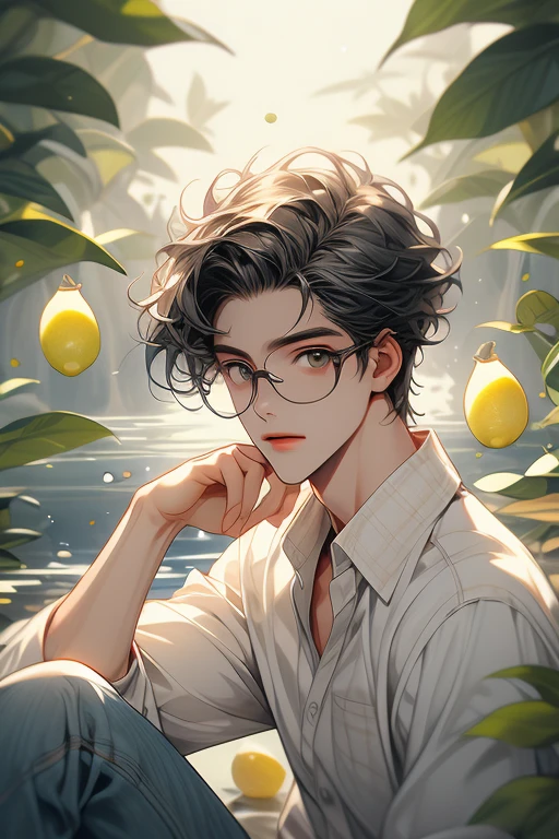 (absurdos, high resolution, ultra detalhado), 1 homem, bonito, cara alto e musculoso, maduro, (The lemonade pond is full of lemon slices), (Um homem deitado de costas confortavelmente nele), diretamente acima, (camisa branca, jeans), molhado, Colorida, artistic, profundidade de campo, Foco em seu rosto,calm facial features, lemon slices around the face