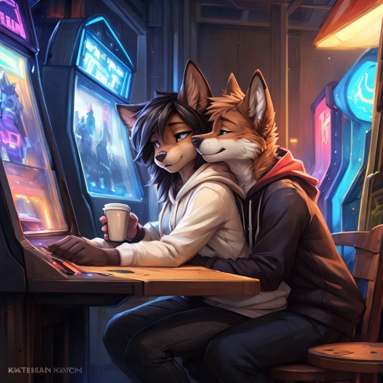 by kenket, Ross Tran, ruan jia, zaush, foxovh, by Zackary911, by hyattlen, by teranen, by fumiko, by Pixelsketcher, by Bayard Wu, by Thomas Benjamin Kennington, by Einshelm, by Kilinah, by Coffeesoda, by Hioshiru, by fluff-kevlar, bye r-mk, by Dimwitdog, Duo, Male and Female, Inside arcade, Playing arcade games together, (Female wearing white logo hoodie and Black pants), (Male wearing White logo shirt and Black pants), Making out