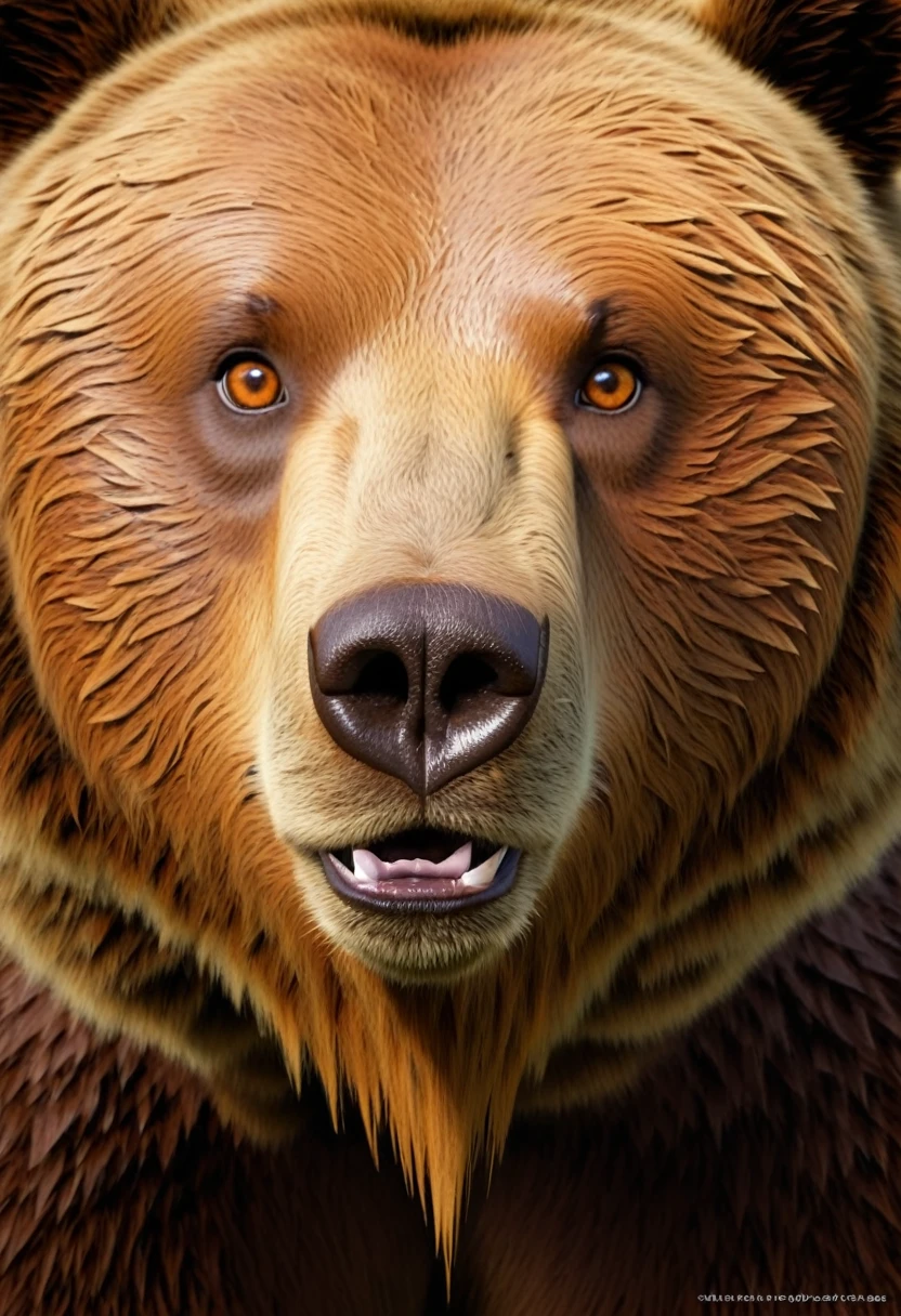 Génere moi l'image d'un grizzly qui soit réaliste, de corpulence mince, orange-brown color, avec des yeux humains de tres grandes tailles à la place de ces yeux d'ours. Make him look like Kenai from the movie Brother Bear