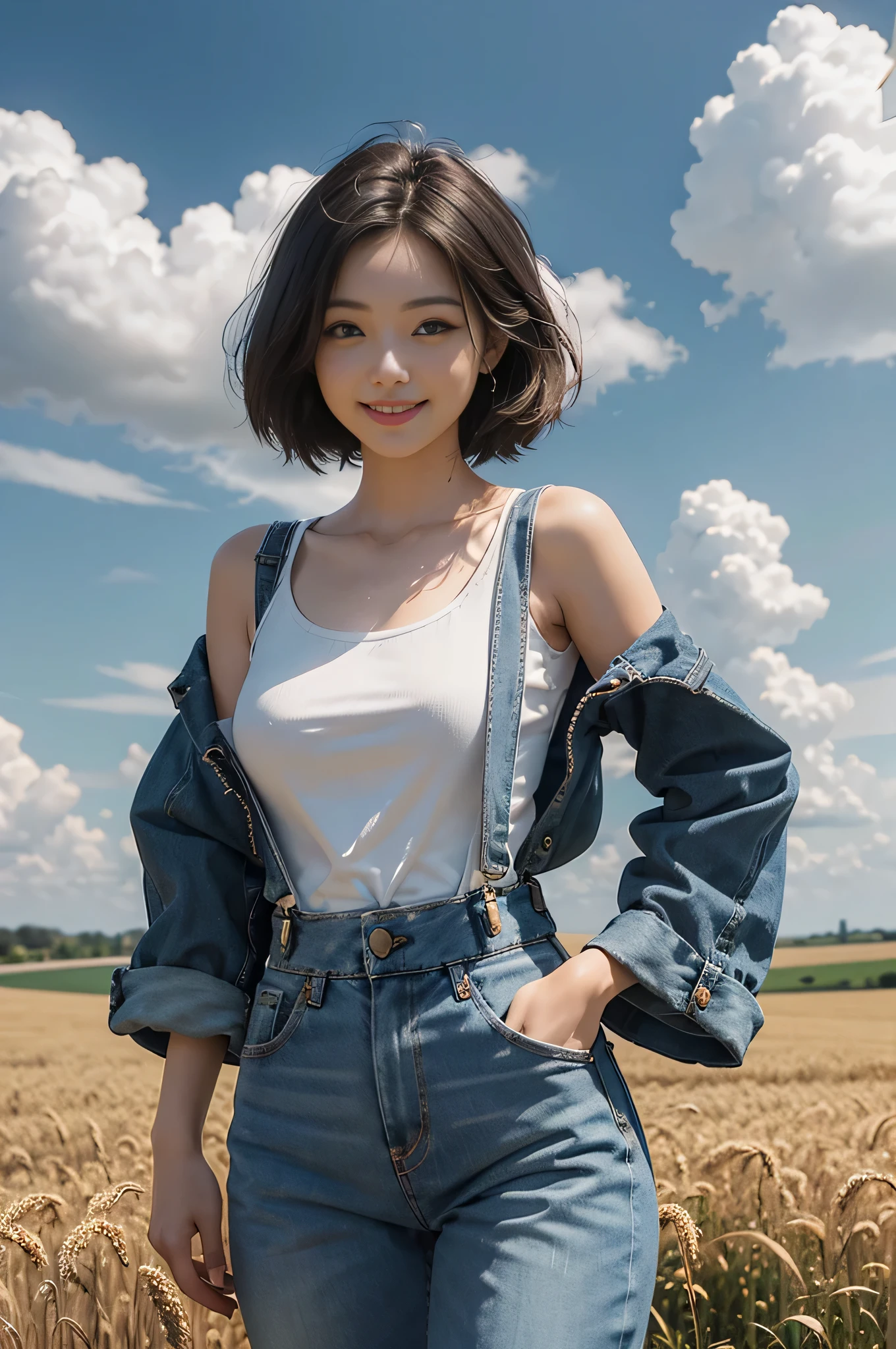 highest quality, Ultra-high resolution, masterpiece, Photorealistic: 1.8), pore, Accuracy, Wheat field, countryside、Nature、 High and wide, White clouds overhead, Sky, face is in the center of the screen, Denim pants、suspenders、Tank top、Small breasts, Pale white light, young woman, Short Bob、 Dark Eyes, smile, smile, Stand on the ground with your feet apart、Hands on Hips、 A glimpse of the chest, Detailed Description, 23 years old, cute,With smile、Open your mouth wide、White teeth、