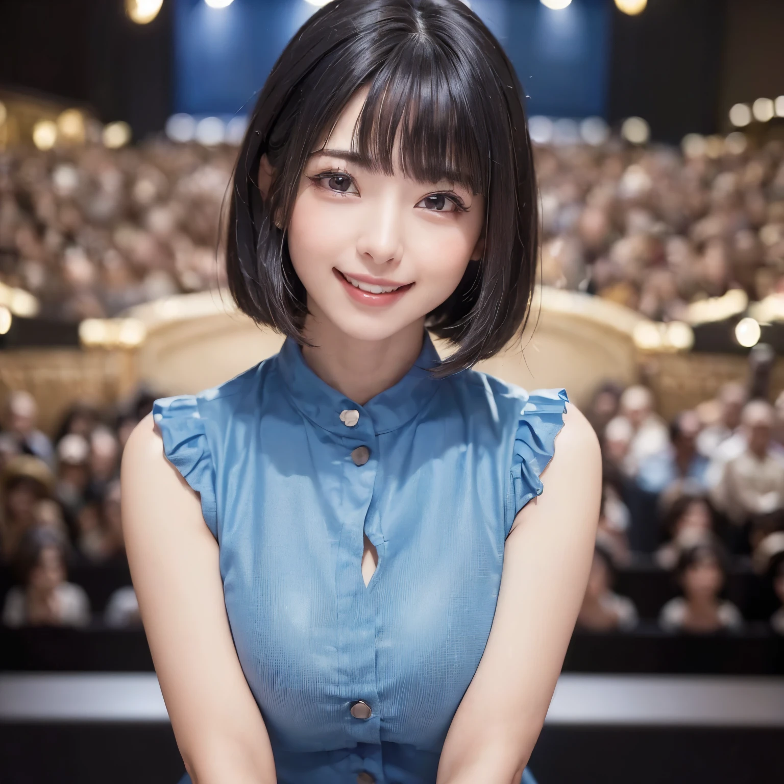 (masterpiece, highest quality、software:1.8), ((1 female:1.6, Solo)), Realistic, Realistic, Looking at the audience, lips, bangs, Mouth closed,happy smile、 Upper Body、Big eyes、eyelash、((very simple dark blue background:2、Beautiful face in symmetry))、(((short hair with bangs、Big eyes、big and full breasts、Looking at the audience、Beautiful beauty、smile、please close your mouth and smile)))、Ideal body type
