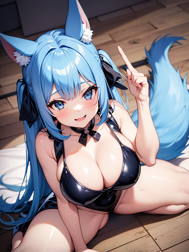 Happy woman, with wolf ears and blue hair, holding her cheeks, wolf tail, wearing a latex dress, looking at veiwer, full body, you can see her chest, naked breasts