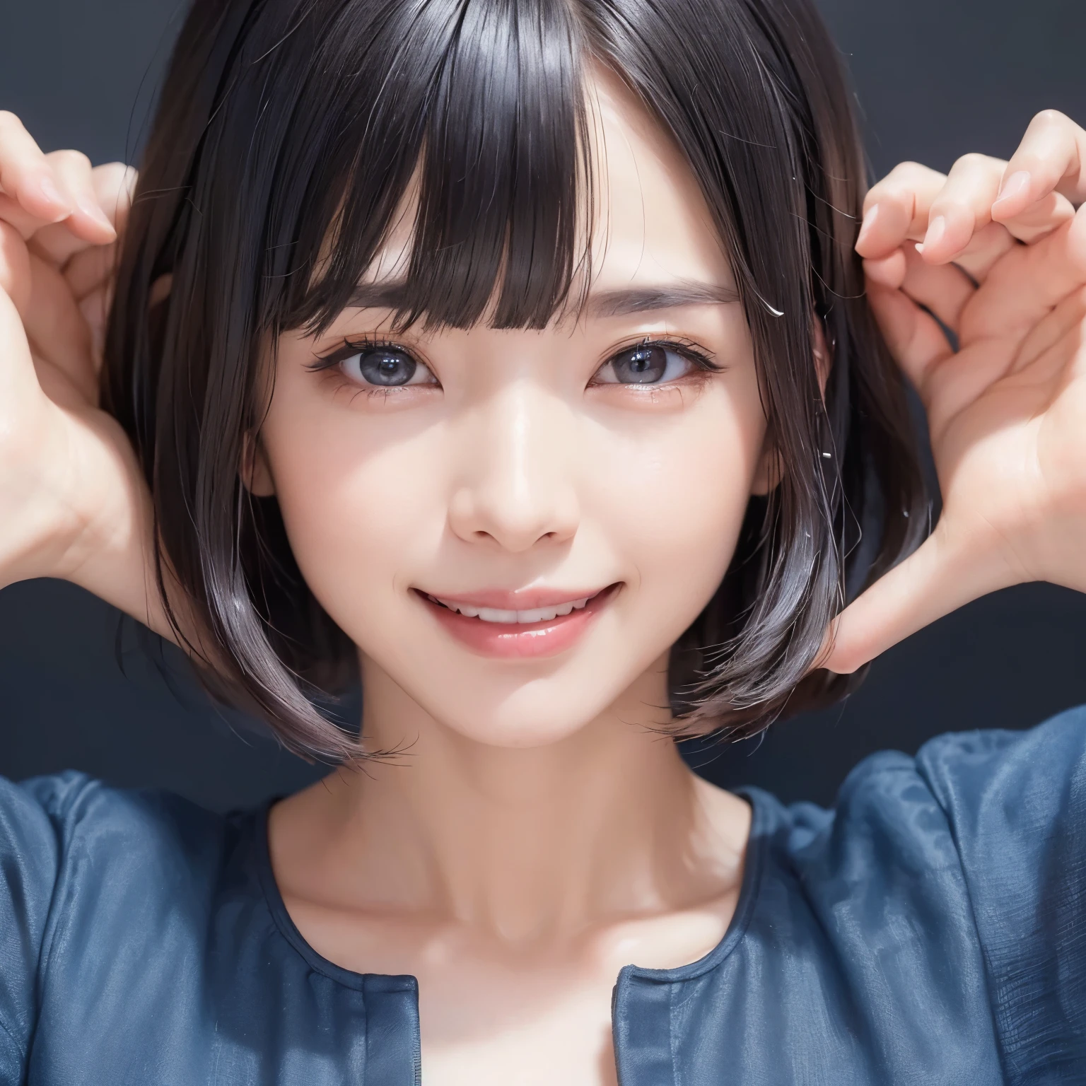 (masterpiece, highest quality、software:1.8), ((1 female:1.6)), Realistic, Realistic, Looking at the audience, lips, bangs, Mouth closed,happy smile、 Upper Body、Big eyes、eyelash、((very simple dark blue background:2、Beautiful face in symmetry))、(((short hair with bangs、Big eyes、big and full breasts、Looking at the audience、Beautiful beauty、smile、please close your mouth and smile)))、Ideal body type
