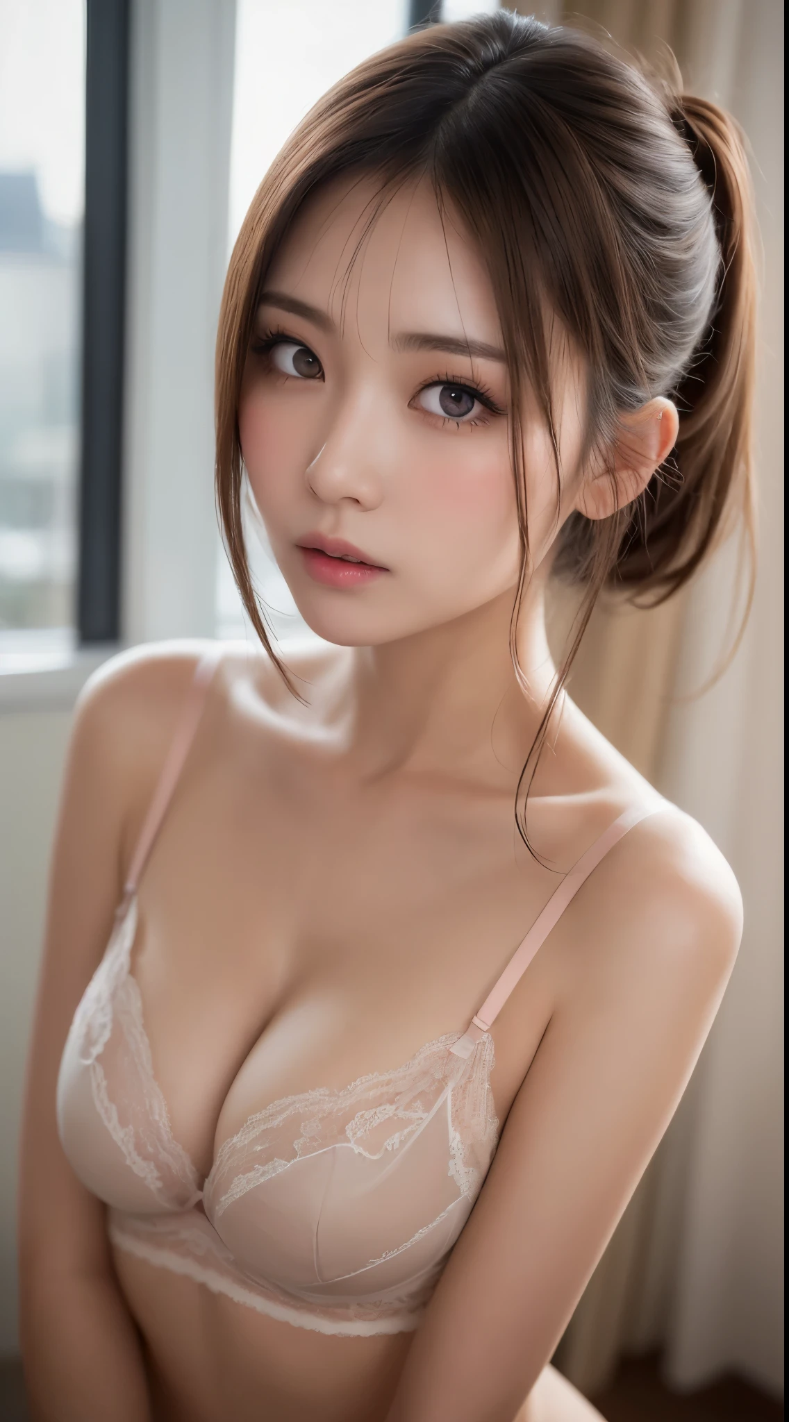 Japanese women, Light brown hair, (Hair style tied back:1.1), super detailed lingerie、medium breast, Ultra Fine Face, Thin face, Delicate lips, (Beautiful Eyes:1.5), ((embarrassed:1.3)), Light blush, eyes are light brown,Looking up at the camera、First Person View,  8k, Super Detail, high quality, 最high quality, High resolution, nsfw、Masterpiece