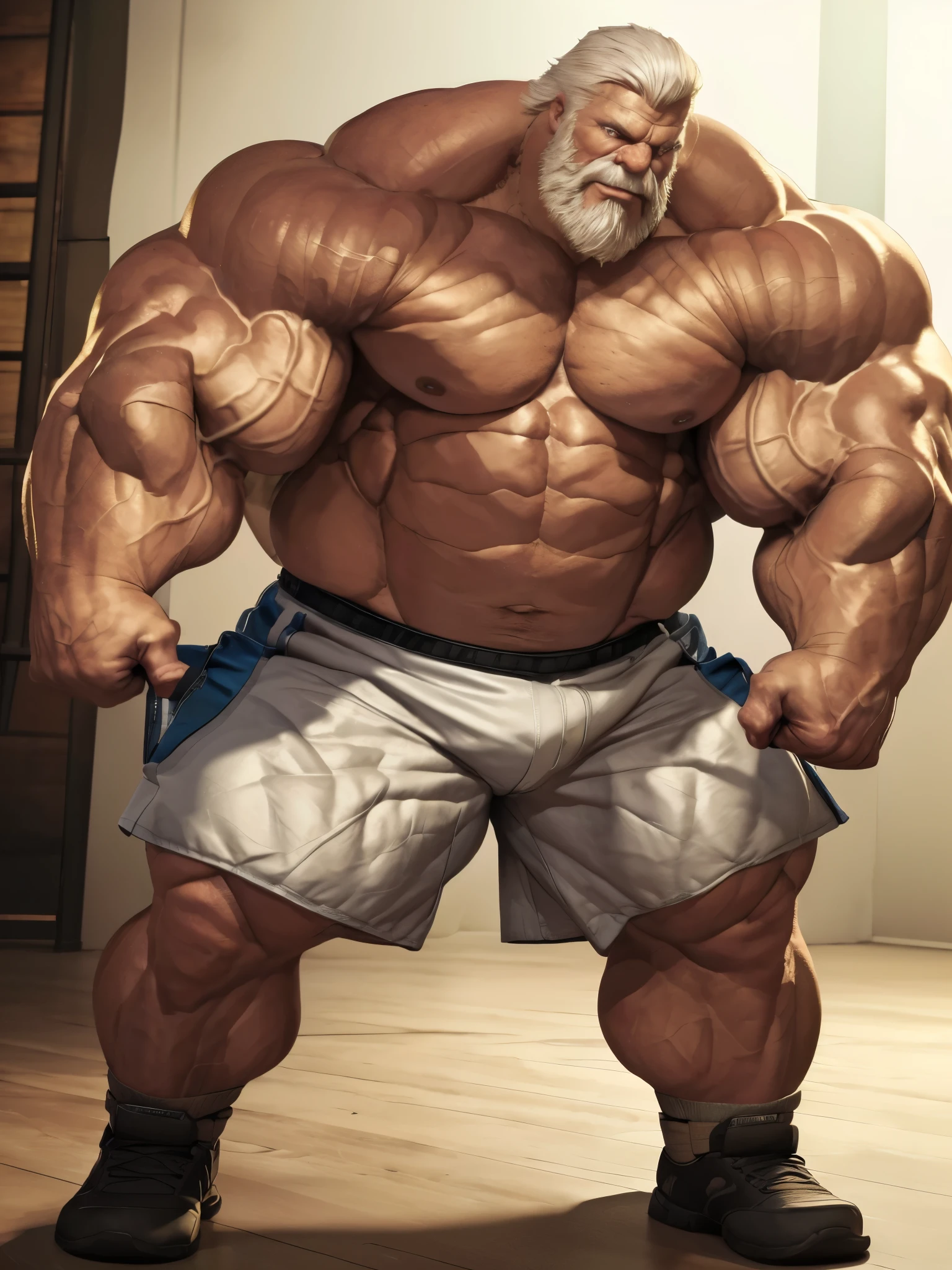 full shots, ground level camera shot, (best quality,4k,8k,highres,masterpiece:1.2),ultra-detailed,(realistic,photorealistic,photo-realistic:1.37),((massive muscular)) ((huge Muscular)) old man standing in photo studio, simple background, shorts , white hair, super thick arms, super big pectoral, super wide pectoral, topless, shirtless.