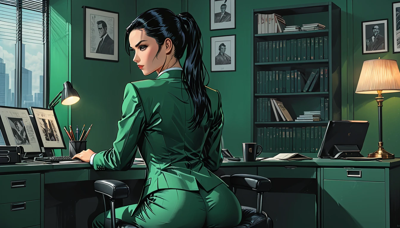 (Rear view), One Point Perspective, (low point shoot), a 1girl with Long Sleek Straight Ponytail Slicked back black Hair in a classic dark green suit sits in a chair in a dark green office overlooking the sofa, graphic style of novel comics, perfect hands, 2d,
8k, hyperrealism, masterpiece, high resolution, best quality, ultra-detailed, super realistic, Hyperrealistic art, high-quality, ultra high res, highest detailed, lot of details, Extremely high-resolution details, incredibly lifelike, colourful, soft cinematic light,