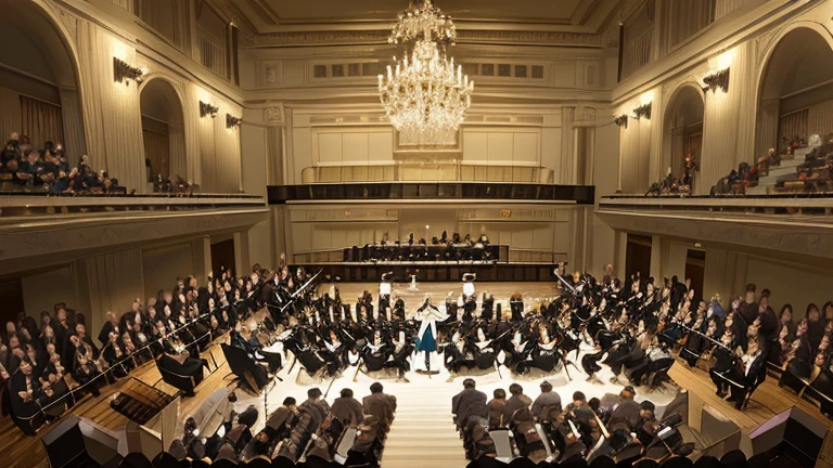 Photos showcasing the fascinating world of orchestral music. The image is、It captures a symphony orchestra in action., With musicians who play their instruments passionately. The concert hall exudes timeless elegance, Gorgeous chandeliers and rich, Wooden accents. The composition is a medium shot, Framing both conductors, With their calm gestures, And the intense expressions of the musicians. Lighting is cleverly designed, light up the stage、Emphasise player commitment. This photo shows、Encapsulating the power and beauty of classical music, Develop a deeper appreciation for the art form. Plato Photography, A famous photographer known for capturing raw human emotion