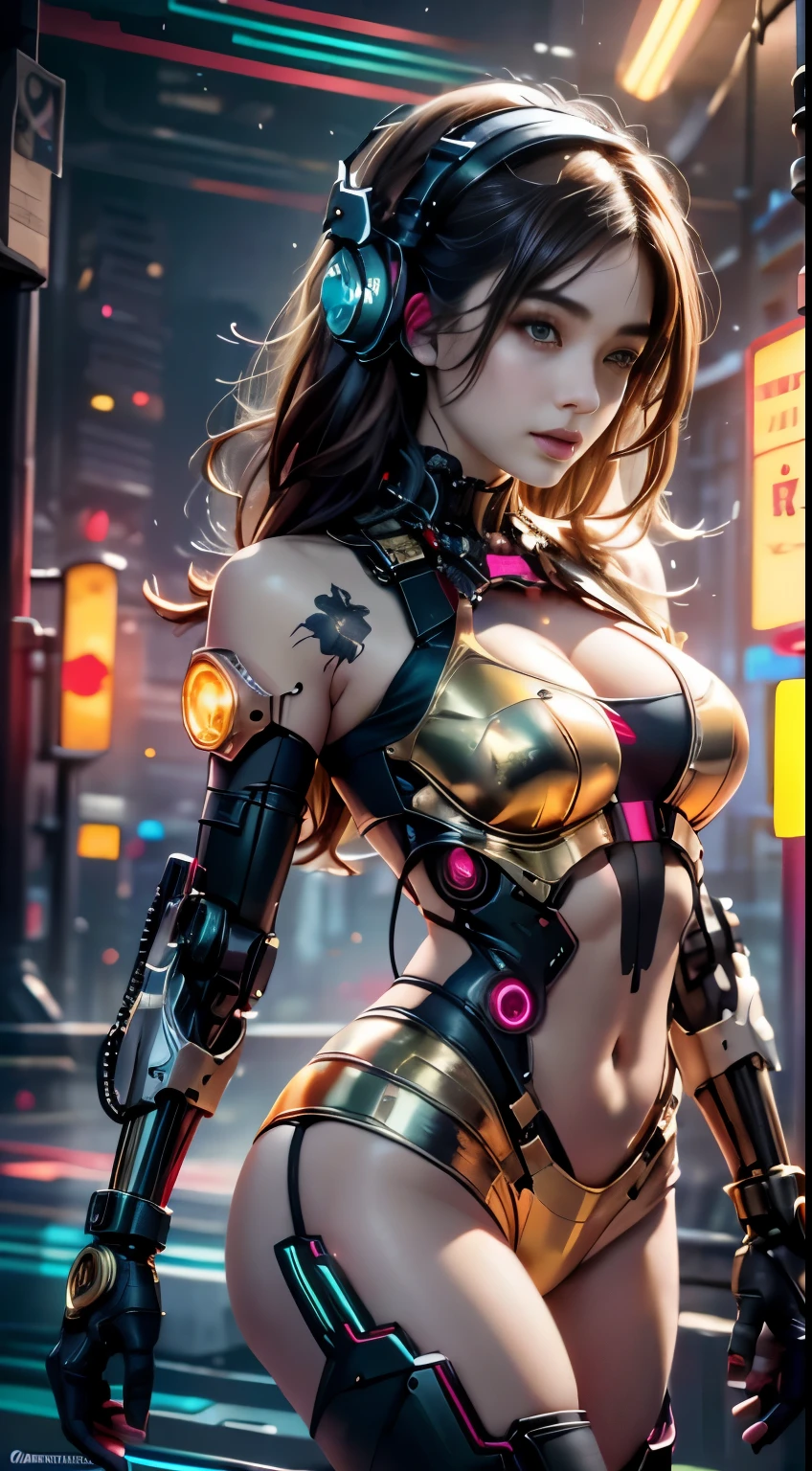 Virtual image,Realistic 8K images,hips up,Masterpiece,Complete Anatomy,Complete dynamic composition,morning sun,Light hits the front,young woman with long brown hair,With 4 arms,Cyberpunk girl with 4 arms,The machine is connected to the body.,Wear headphones with bright neon lights.,alone,,Has tattoos on his upper arms and stomach.,complicated details,Weird details,future world,Above expectations,Cyberpunk with bright neon lights all around.,glowing cyberpunk,cybernetic robot((White-red-yellow-gold cyberpunk figure..)),Bikini body-,white tank top,The background of the large gears is deserted..