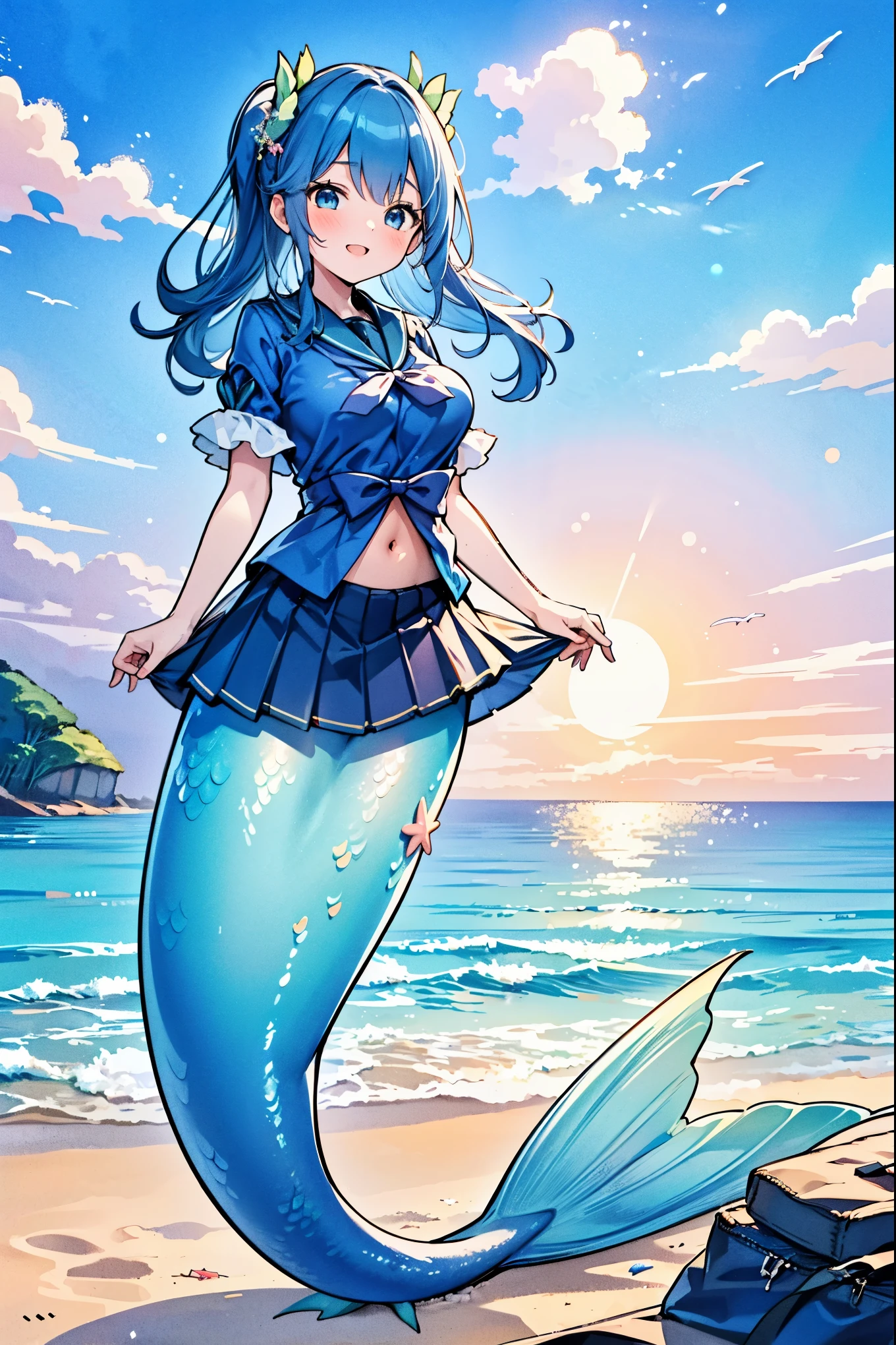 masterpiece, best quality(Full fingers),A woman,Large Breasts,Mermaid,Blue shirt,Blue Skirt,藍色的Mermaid尾巴,full-body shot,beach,躺在beach上,Sea view in the distance,charming脸(Kawaii, charming,Soft)