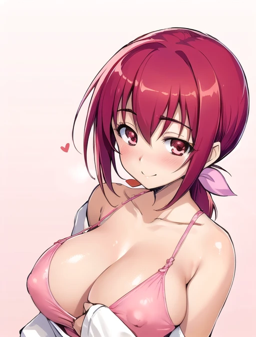 best quality, masterpiece, highres, detailed, digital artwork, IkuyoHoshi, red hair, pink ribbon, low ponytail, red eyes, white shirt, mature woman,   blush, happy, upper body, straight on,paizuri,tits,NSFW,camisole