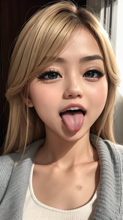 Japanese women, beautiful girl, Gal,Blonde、 , Realistic skin of the highest quality, Eyes are focused, 20-year-old, Sticking out tongue, Focus on the mouth, Open your mouth, Long Tongue, saliva, Open your mouth wide, I can see inside the mouth, Open your mouth and 舌を突き出す, realistic tongue