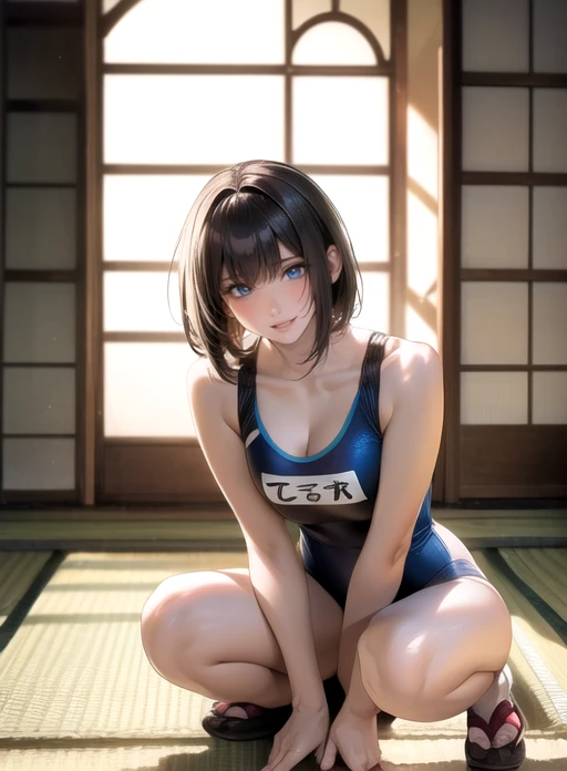 masterpiece、highest quality、8K quality、Realistic expression、Ultra-realistic、Realistic depiction、 Japanese woman、beautiful、Black hair straight、Short Bob Hair、Wearing competitive swimwear、Anatomically accurate body depiction、Crouching、Depict the whole body