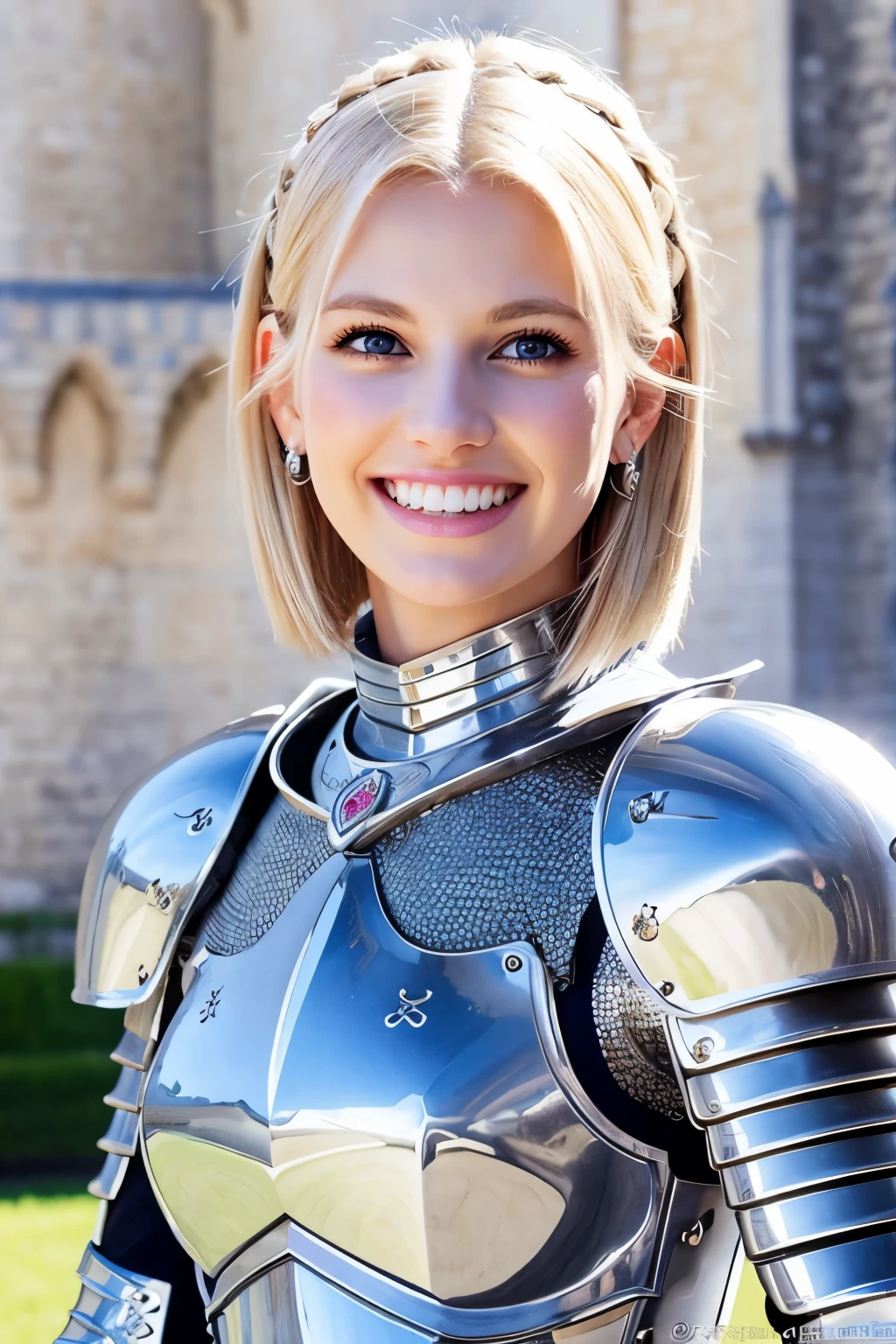 8K、highest quality、female knight、Luxurious Silver Armor、、hairstyle short cut、smile、Beautiful Teeth、Full body photo、ear piercing、blonde、White woman、blue eyes、Heavy makeup、The background is inside the castle