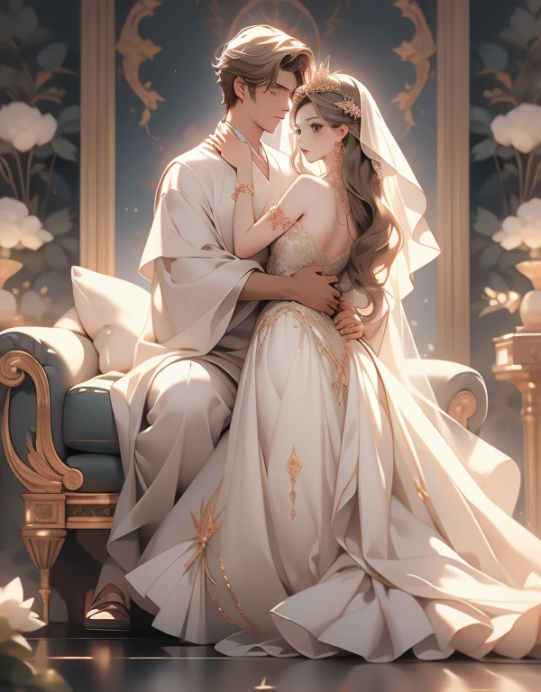 (((full body Esbian:1.3)))、(Master Parts, Best Quality, alto, ultra-detailliert), Detailed face, A detailed eye, detailedskin, depth of fields, lightweighthigh-quality、((low angles:1.2))、Close up portrait of a person with a woman in a dress, Man lifting female off the ground, Woman with her feet off the ground, Strong Man ,Long Shot Photography、Glamour Shot、Front or Back、(full body1.15)、1womanl、Adults、fully body photo、bionde、Sitting on the side、with extremely beautiful facial features、robe blanche、Hairpin on the head、perfect hand、Soft light、ornate、looking at the viewers、White long dress、ren、femele、A queen、leggy、robe blanche、Beautiful veil、Pedras preciosas、ornamented、embroideries、florals、Georgia、relax、the emperor、White Long Dress Clothes、beautiful fantasy queen、Lie down on a sofa、、Strapless、Shoulder out、Attractive and sexy、Princess Hug、backs、Revealing clothing、, hight resolution、Put your hands around your neck、cuddling、Sleeveless,,Land of Gems,(The artwork, Best Quality) Close up portrait of a person with a woman in a decorative dress, Man lifting female off the ground, Woman with her feet off the ground, Strong Man , (