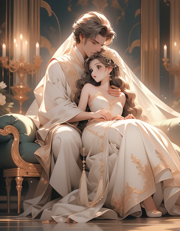 (((full body Esbian:1.3)))、(Master Parts, Best Quality, alto, ultra-detailliert), Detailed face, A detailed eye, detailedskin, depth of fields, lightweighthigh-quality、((low angles:1.2))、Close up portrait of a person with a woman in a dress, Man lifting female off the ground, Woman with her feet off the ground, Strong Man ,Long Shot Photography、Glamour Shot、Front or Back、(full body1.15)、1womanl、Adults、fully body photo、bionde、Sitting on the side、with extremely beautiful facial features、robe blanche、Hairpin on the head、perfect hand、Soft light、ornate、looking at the viewers、White long dress、ren、femele、A queen、leggy、robe blanche、Beautiful veil、Pedras preciosas、ornamented、embroideries、florals、Georgia、relax、the emperor、White Long Dress Clothes、beautiful fantasy queen、Lie down on a sofa、、Strapless、Shoulder out、Attractive and sexy、Princess Hug、backs、Revealing clothing、, hight resolution、Put your hands around your neck、cuddling、Sleeveless,，Land of Gems，(The artwork, Best Quality) Close up portrait of a person with a woman in a decorative dress, Man lifting female off the ground, Woman with her feet off the ground, Strong Man , (