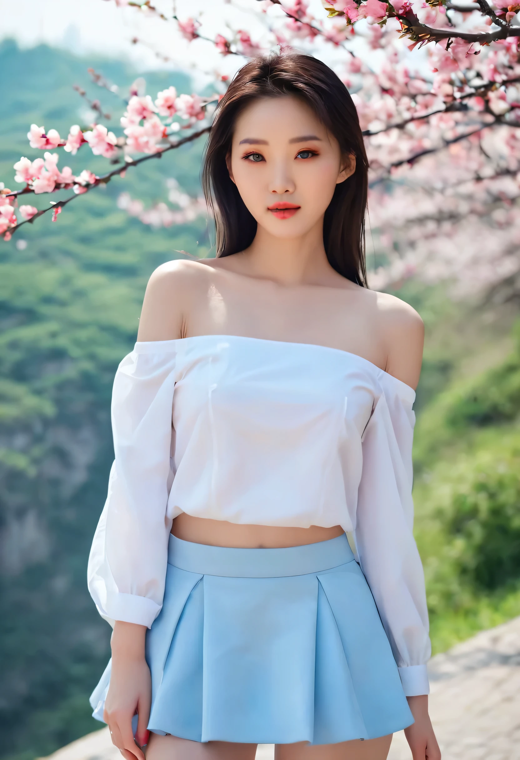 Fashion trendy beautiful charming woman, Gentle and charming Chinese beauty, Exquisite and sexy clavicle, Charming oval face, Double eyelids, Bright peach blossom eyes, Pink lips, Small nose, Bare shoulders, Perfect body,full-body shot, Ultra HD, Very detailed, The white off-shoulder shirt matches the light blue slit skirt perfectly, Fresh and impressive